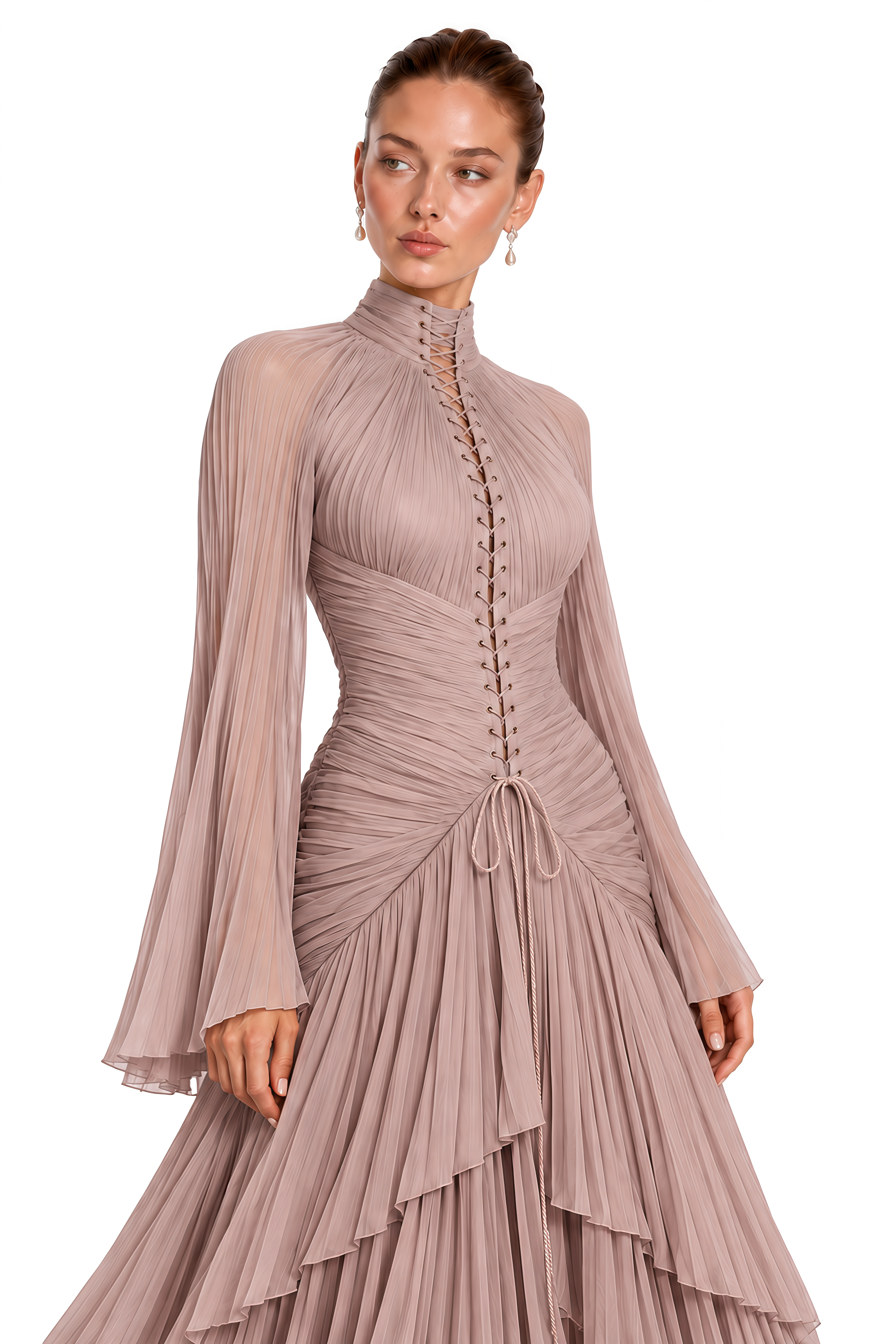 Celiane Dusty Rose Ruched Flared Sleeve Maxi Dress