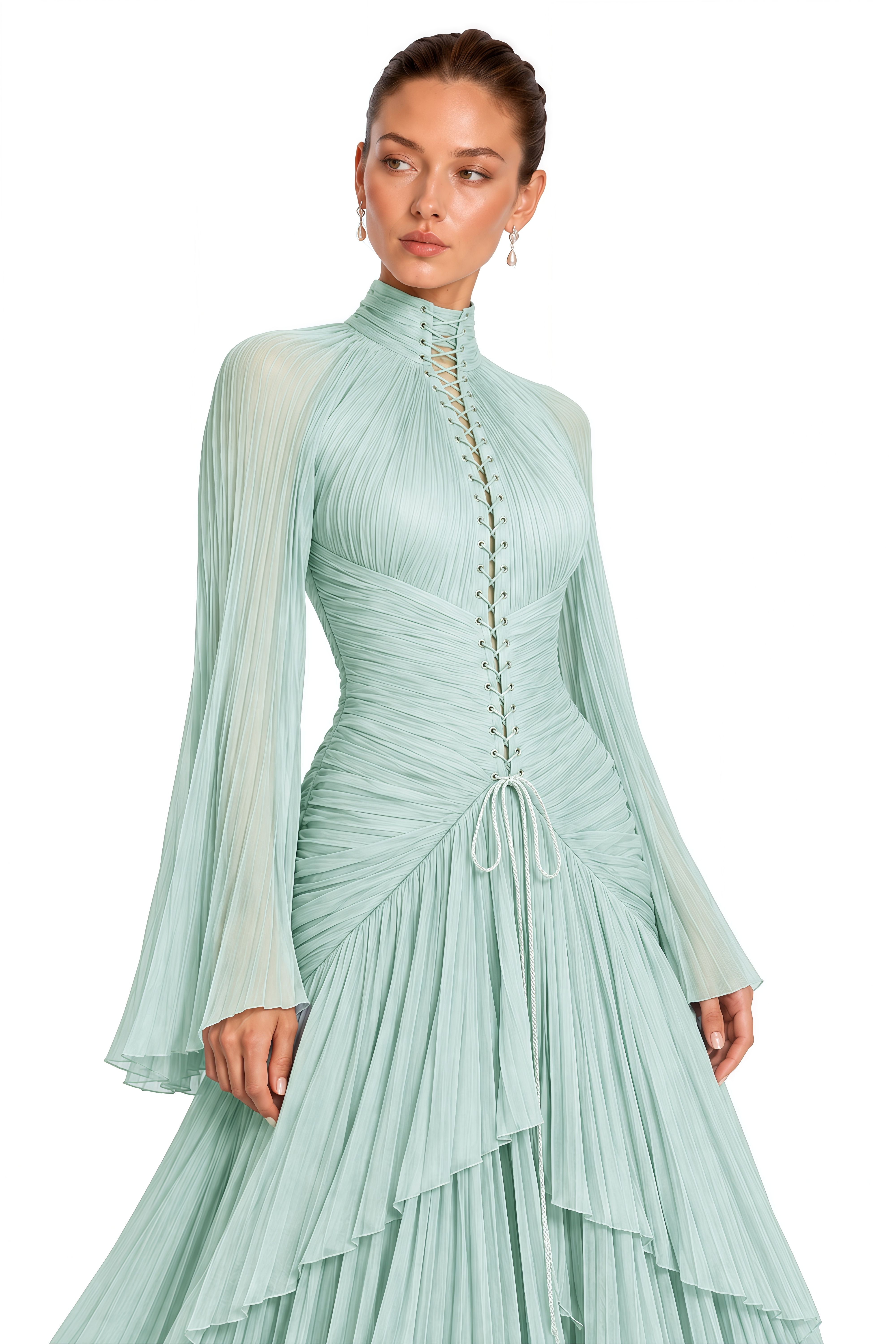 Celiane Mint Green Ruched Flared Sleeve Maxi Dress