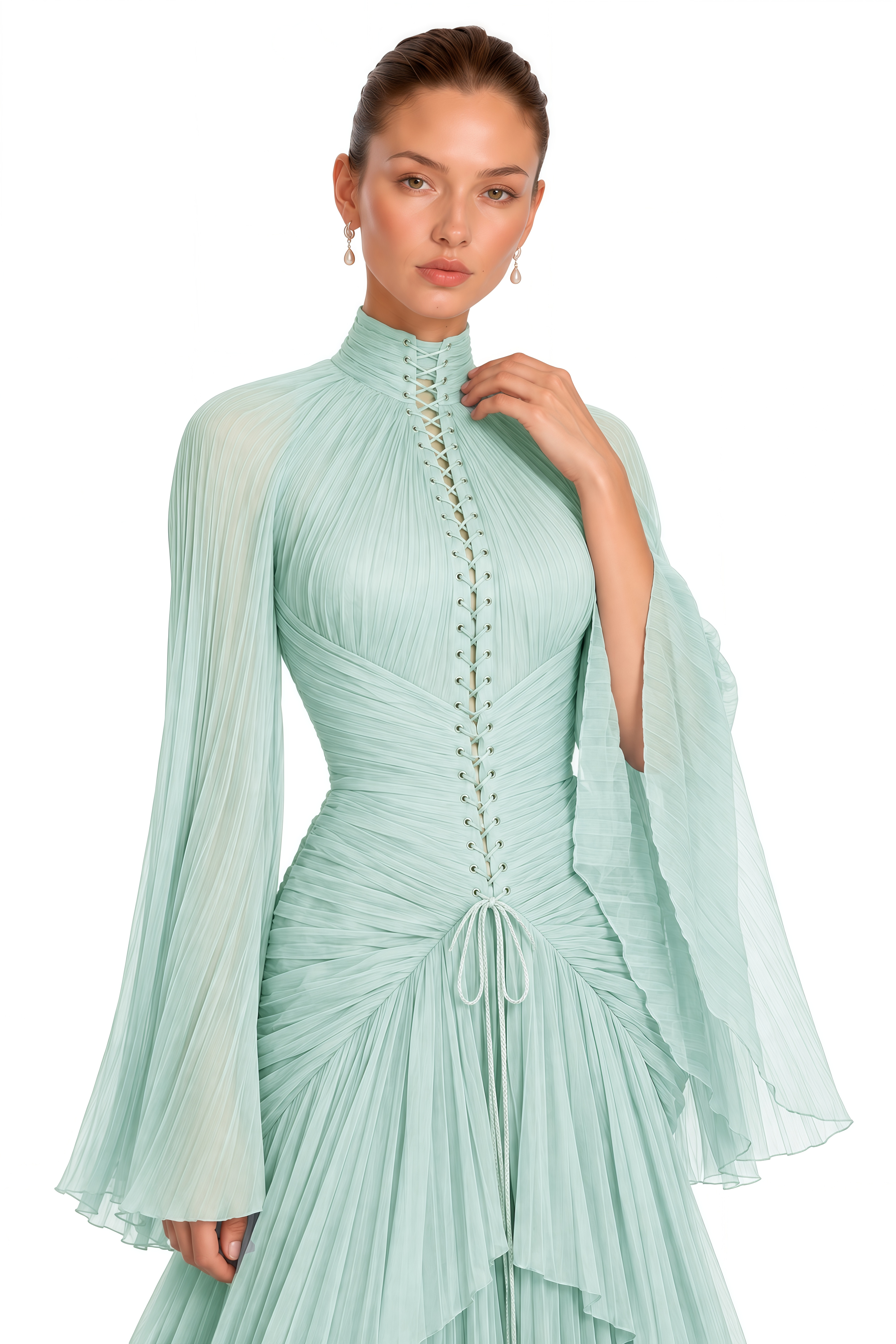 Celiane Mint Green Ruched Flared Sleeve Maxi Dress