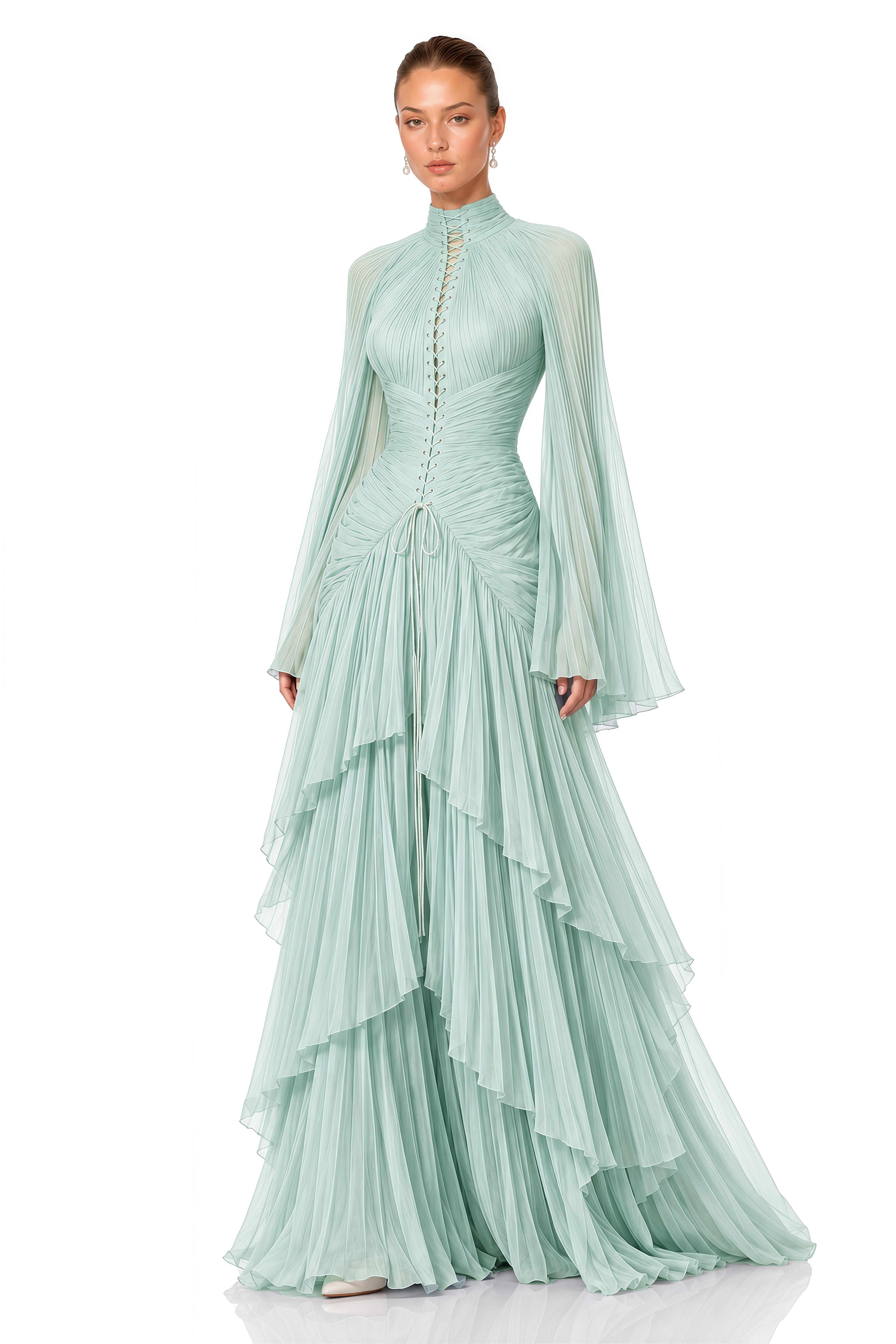 Celiane Mint Green Ruched Flared Sleeve Maxi Dress
