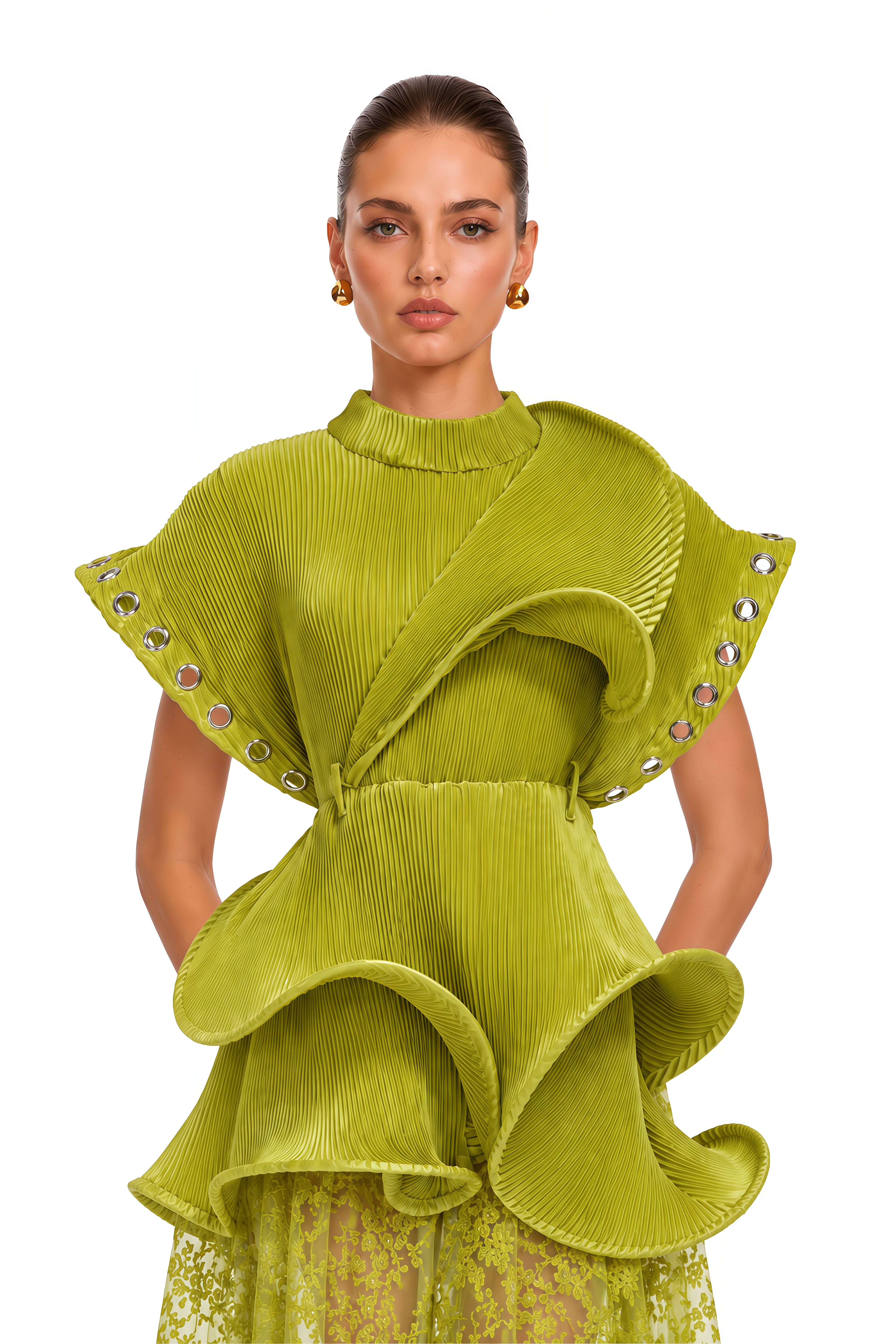 Cheyenne Lime Green Sculptural Pleated Top & Lace Maxi Skirt Set