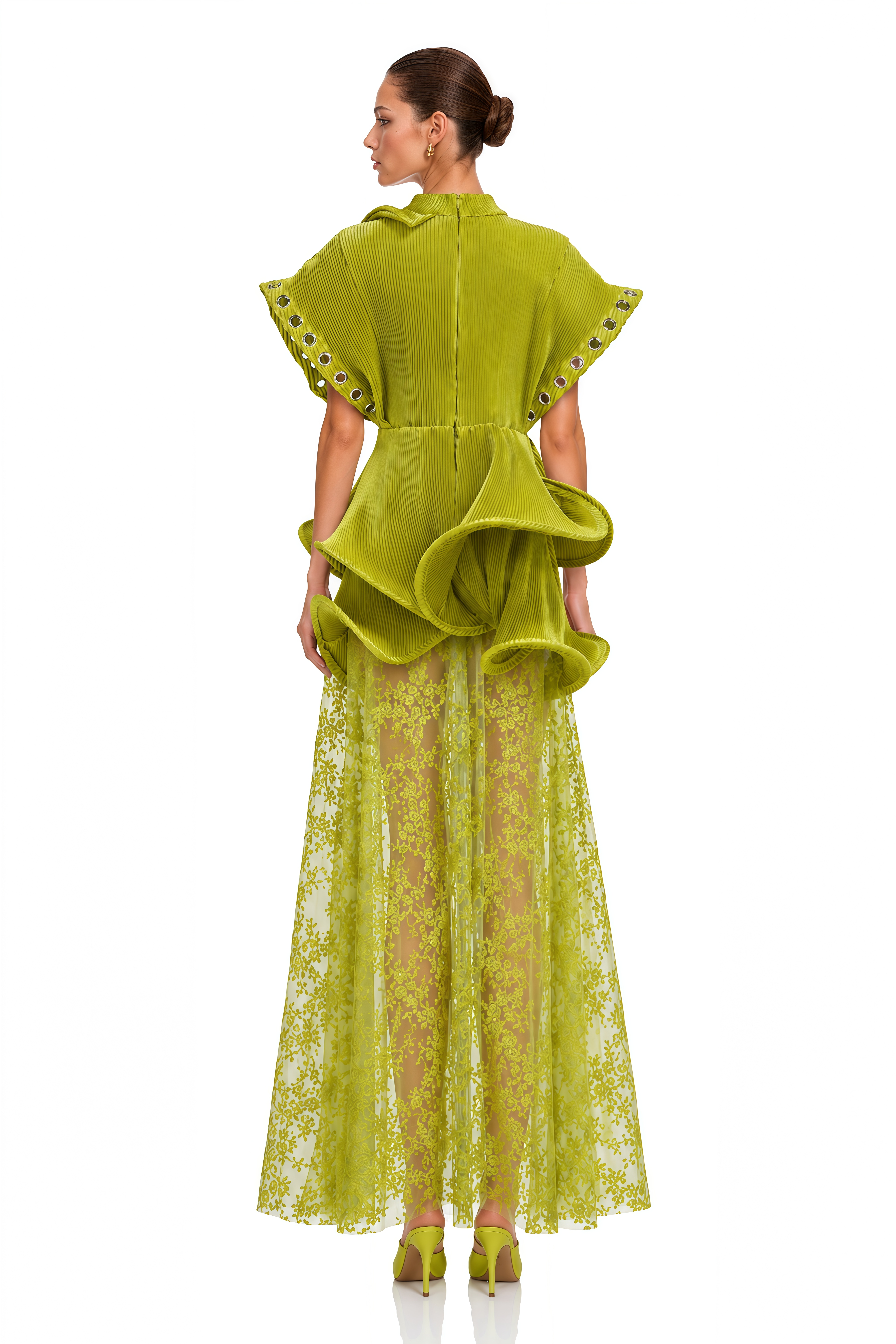 Cheyenne Lime Green Sculptural Pleated Top & Lace Maxi Skirt Set