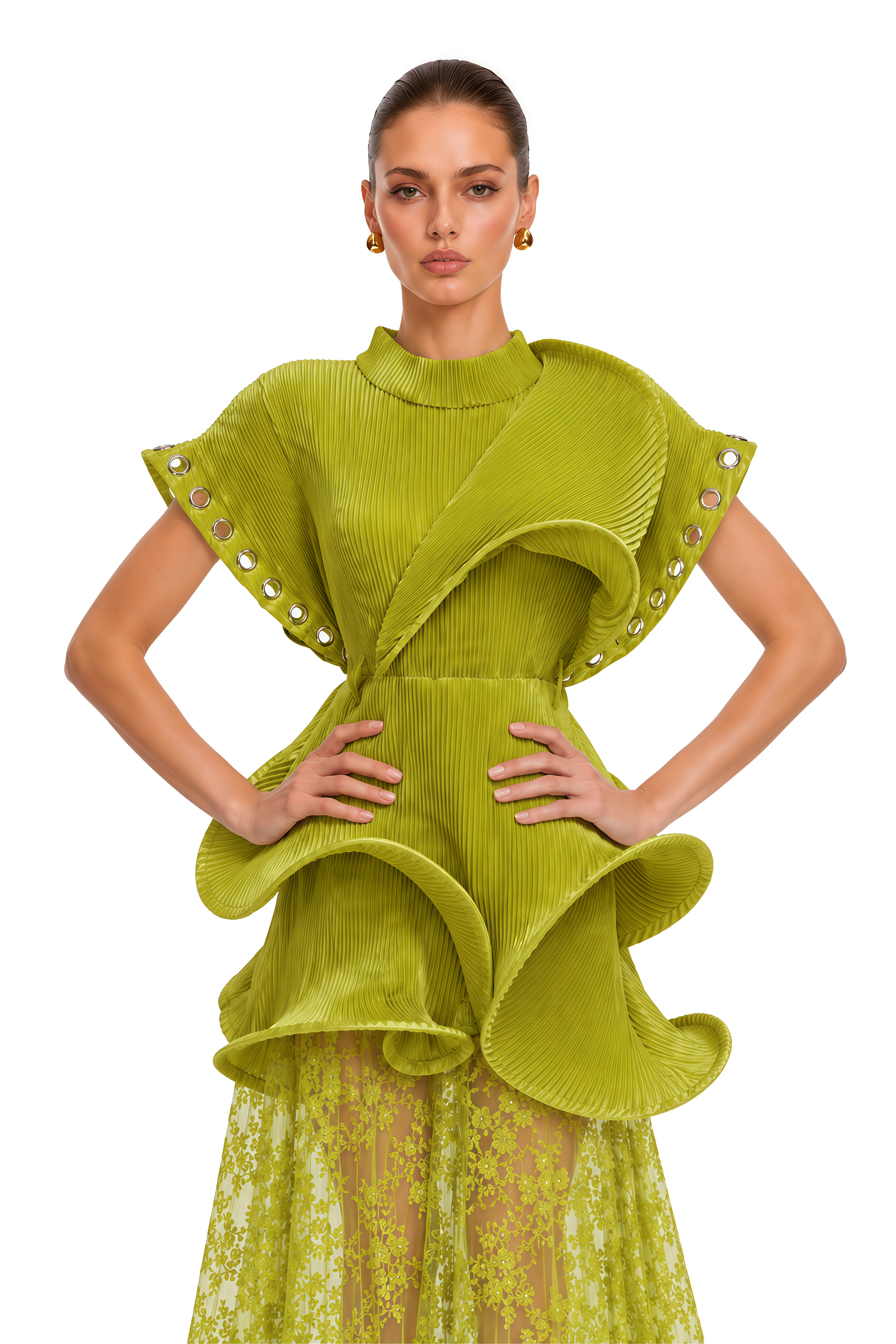 Cheyenne Lime Green Sculptural Pleated Top & Lace Maxi Skirt Set