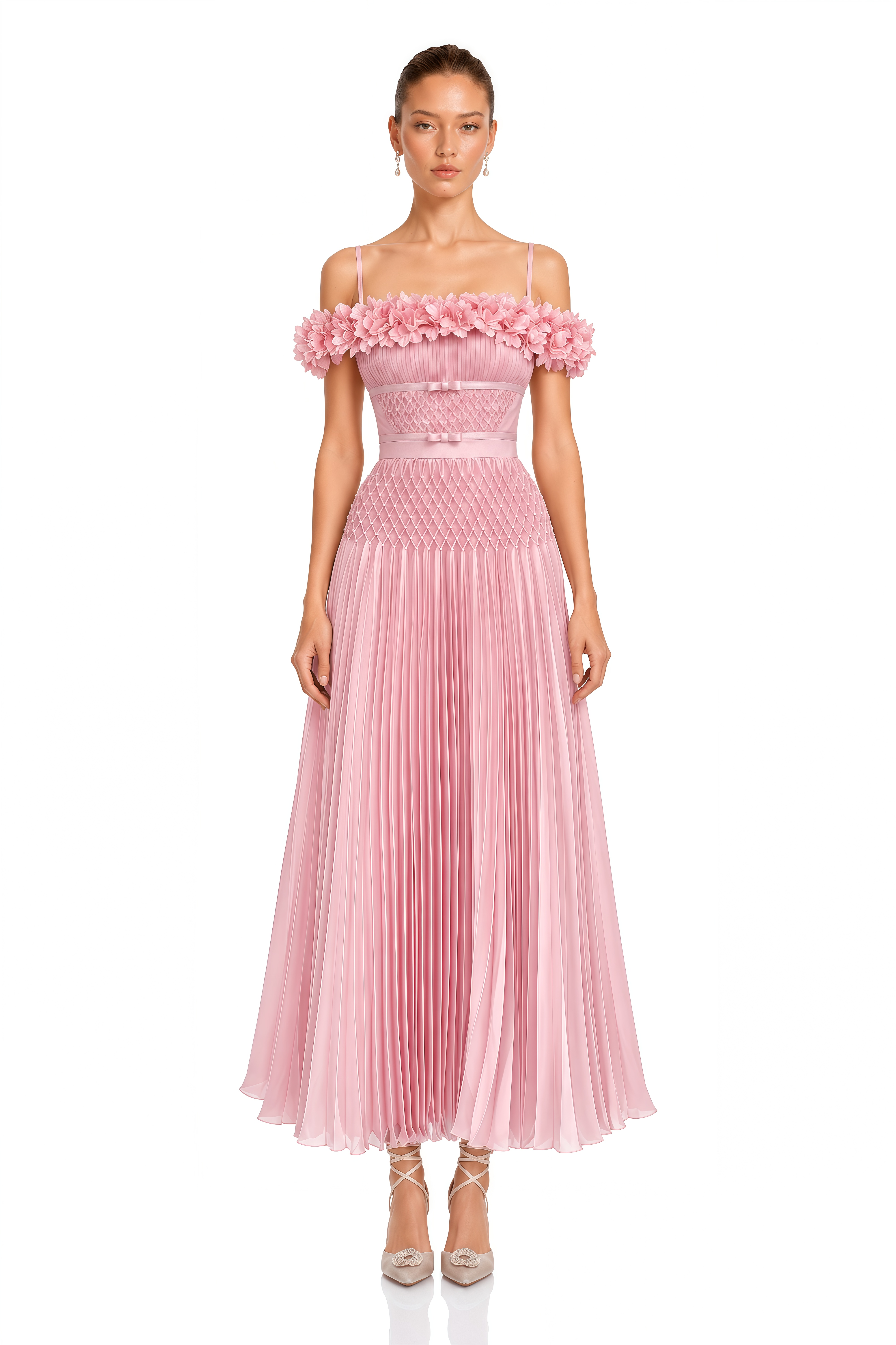 Collins Pink 3D Floral Off Shoulder Pleated Maxi Dress