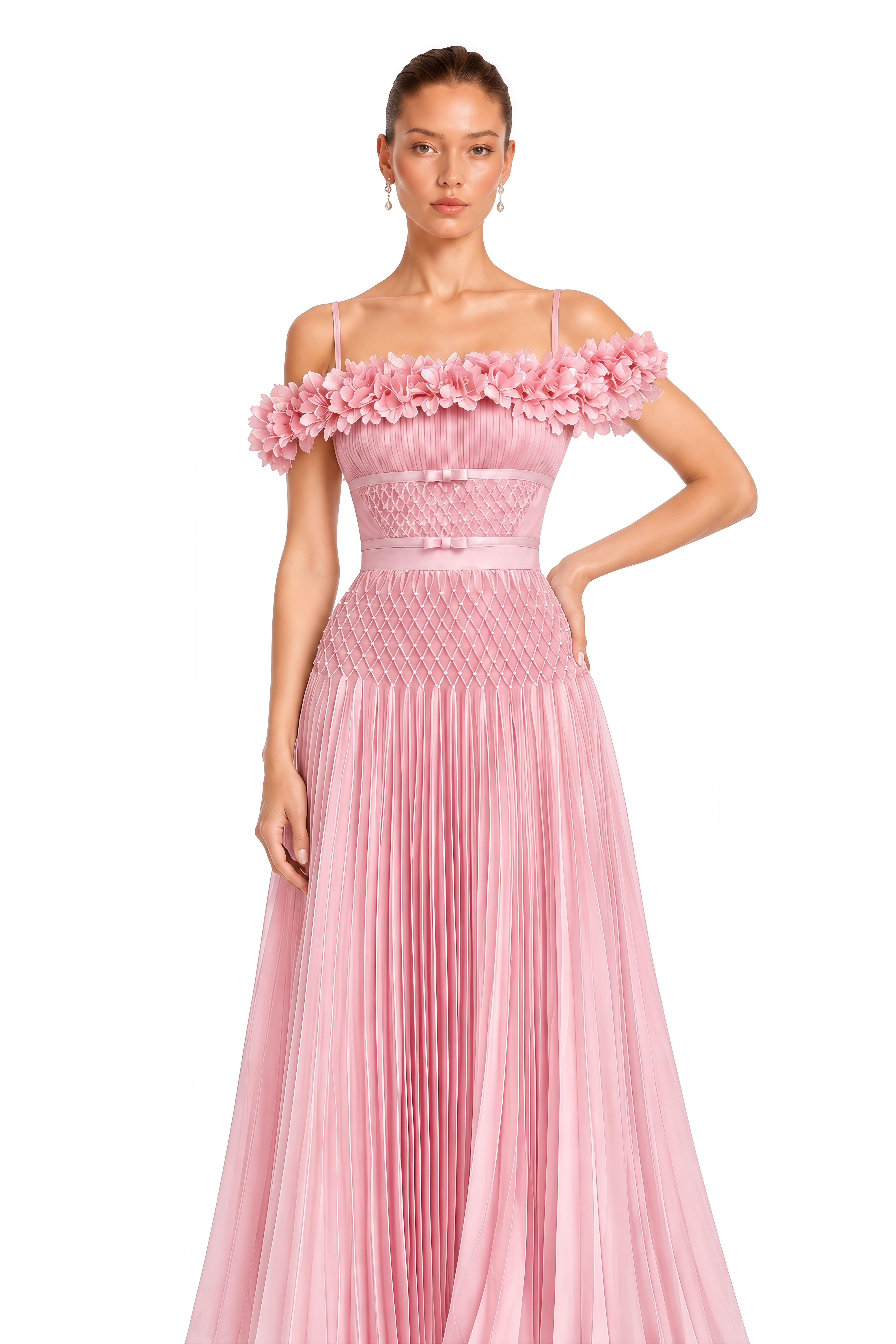 Collins Pink 3D Floral Off Shoulder Pleated Maxi Dress