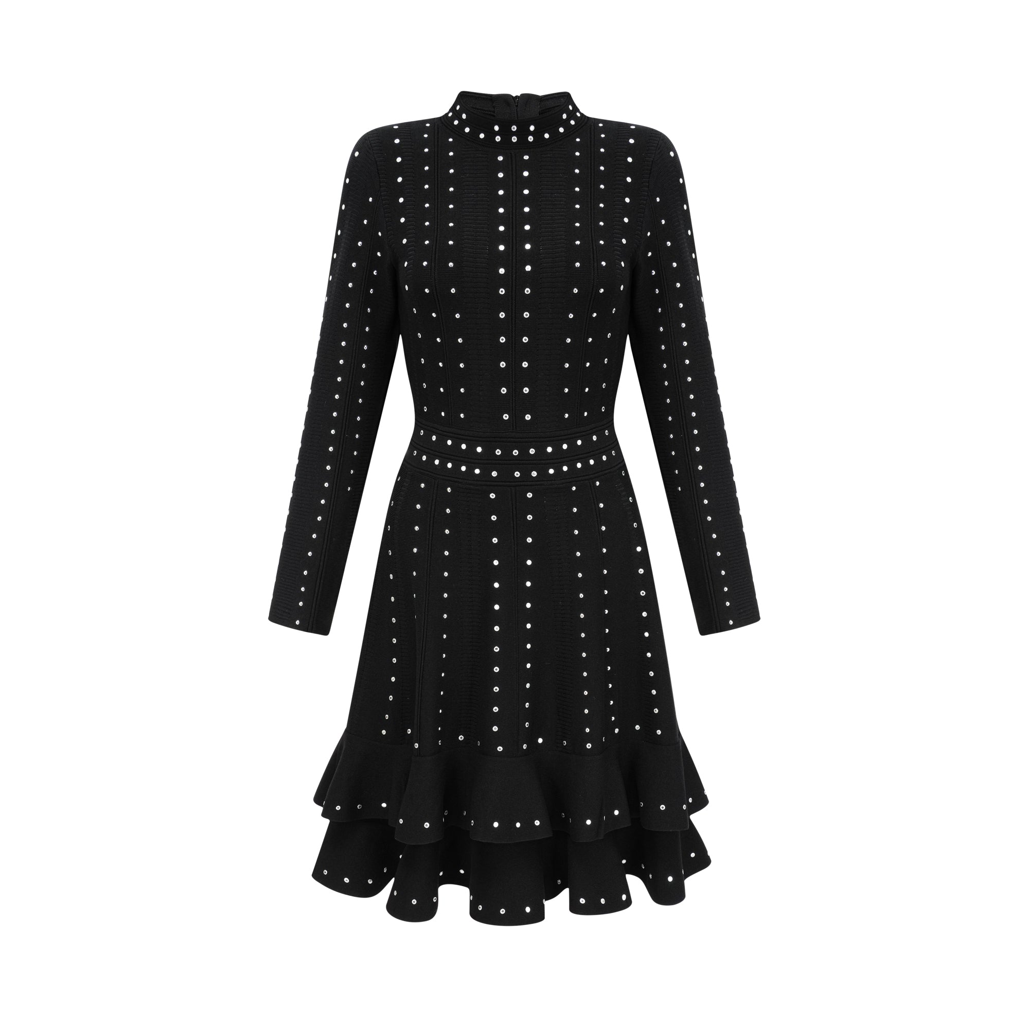Fabienne Black Embellished Ruffled Knit Mini Dress