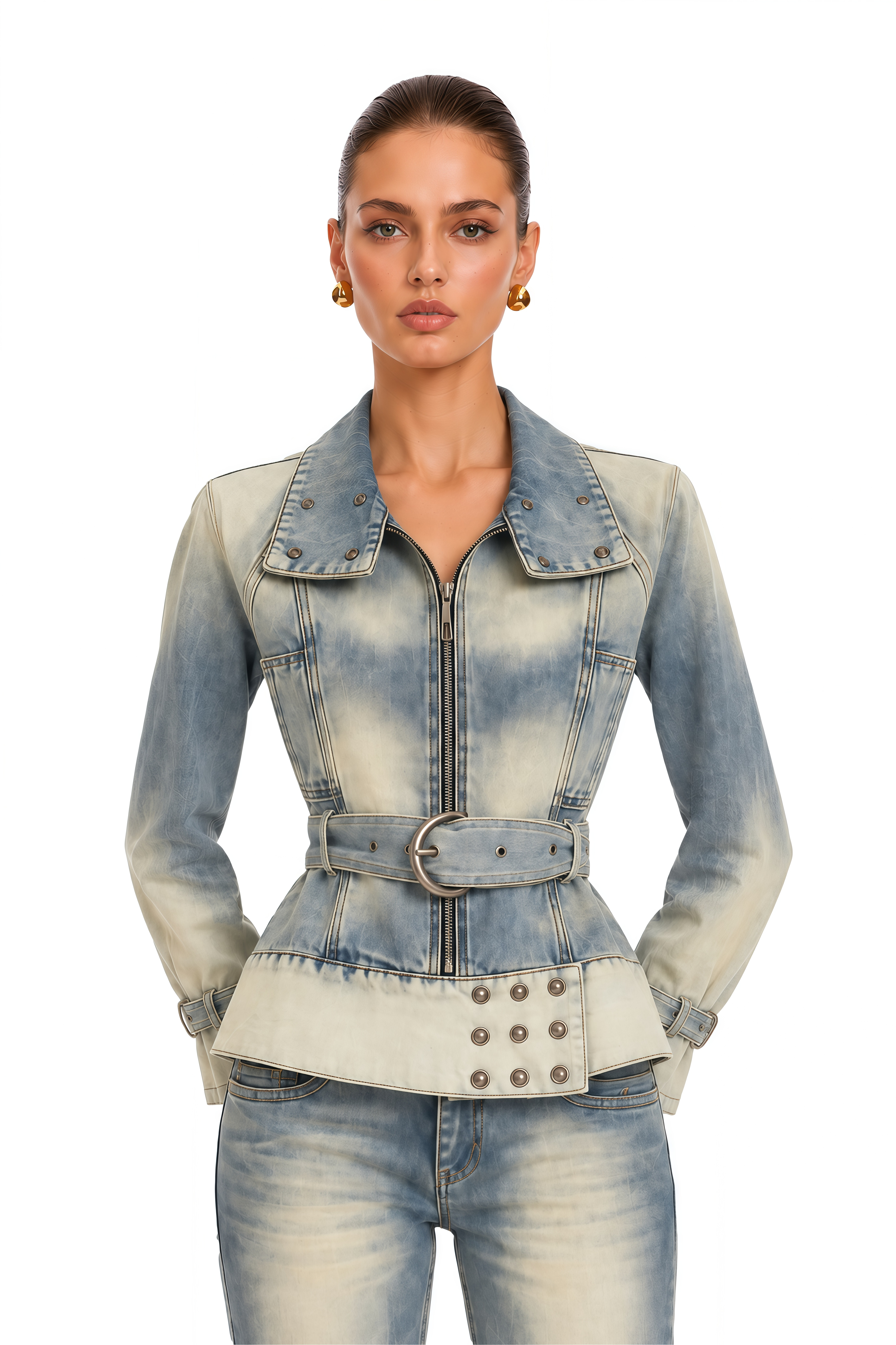 Delphine Washed Blue Belted Denim Jacket & Flared Jeans Set