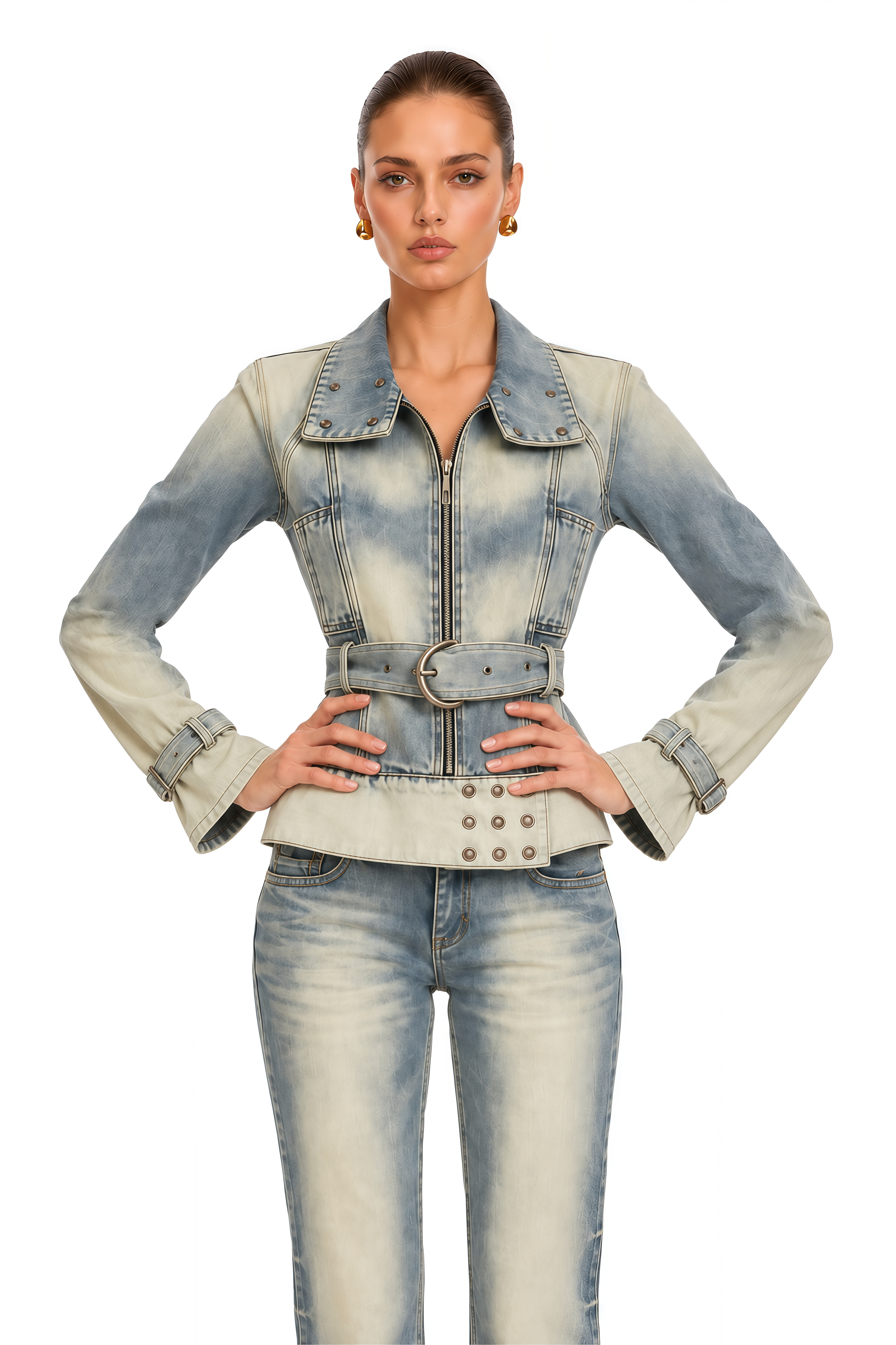 Delphine Washed Blue Belted Denim Jacket & Flared Jeans Set