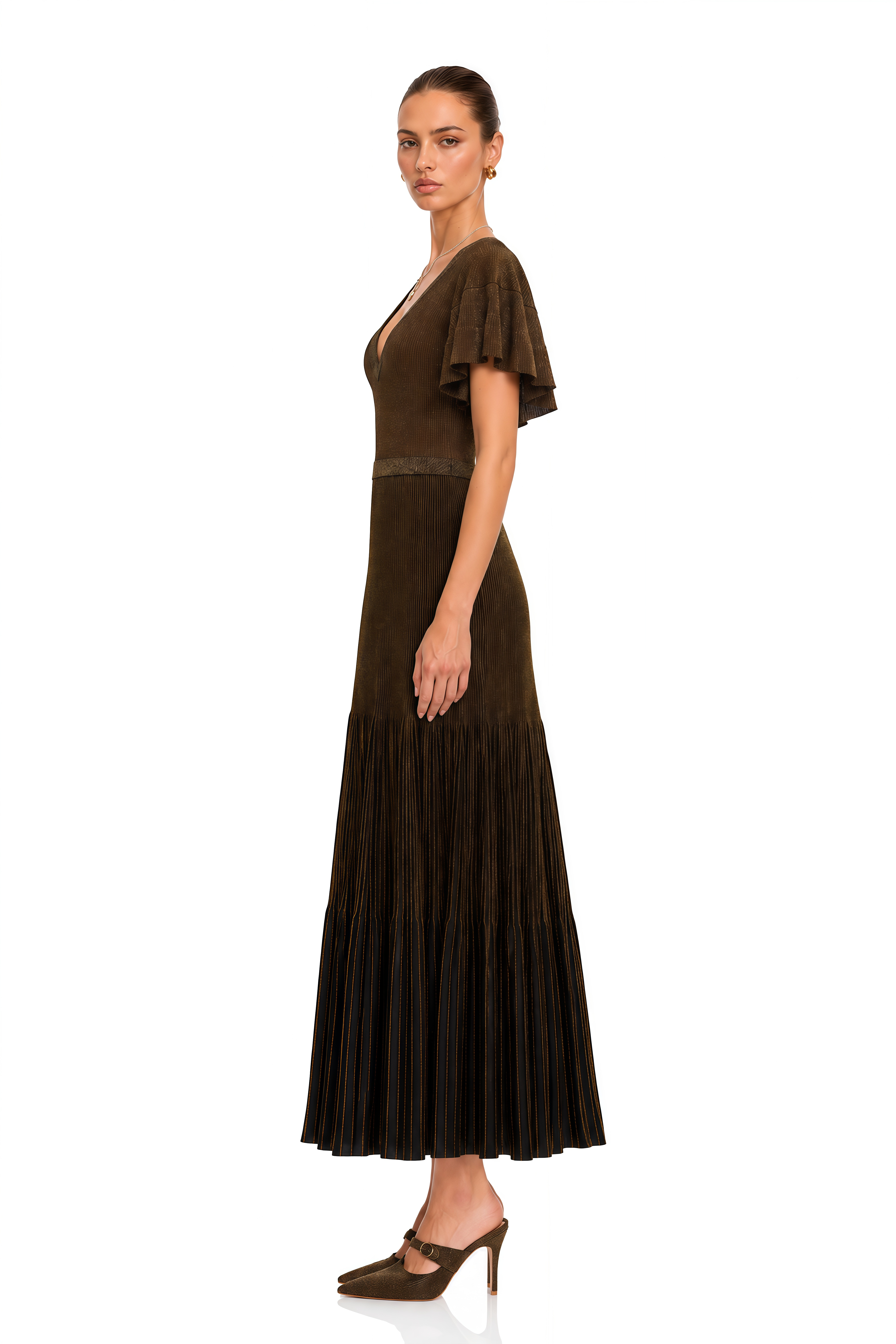 Desiree Brown V Neck Ruffle Sleeve Knit Maxi Dress