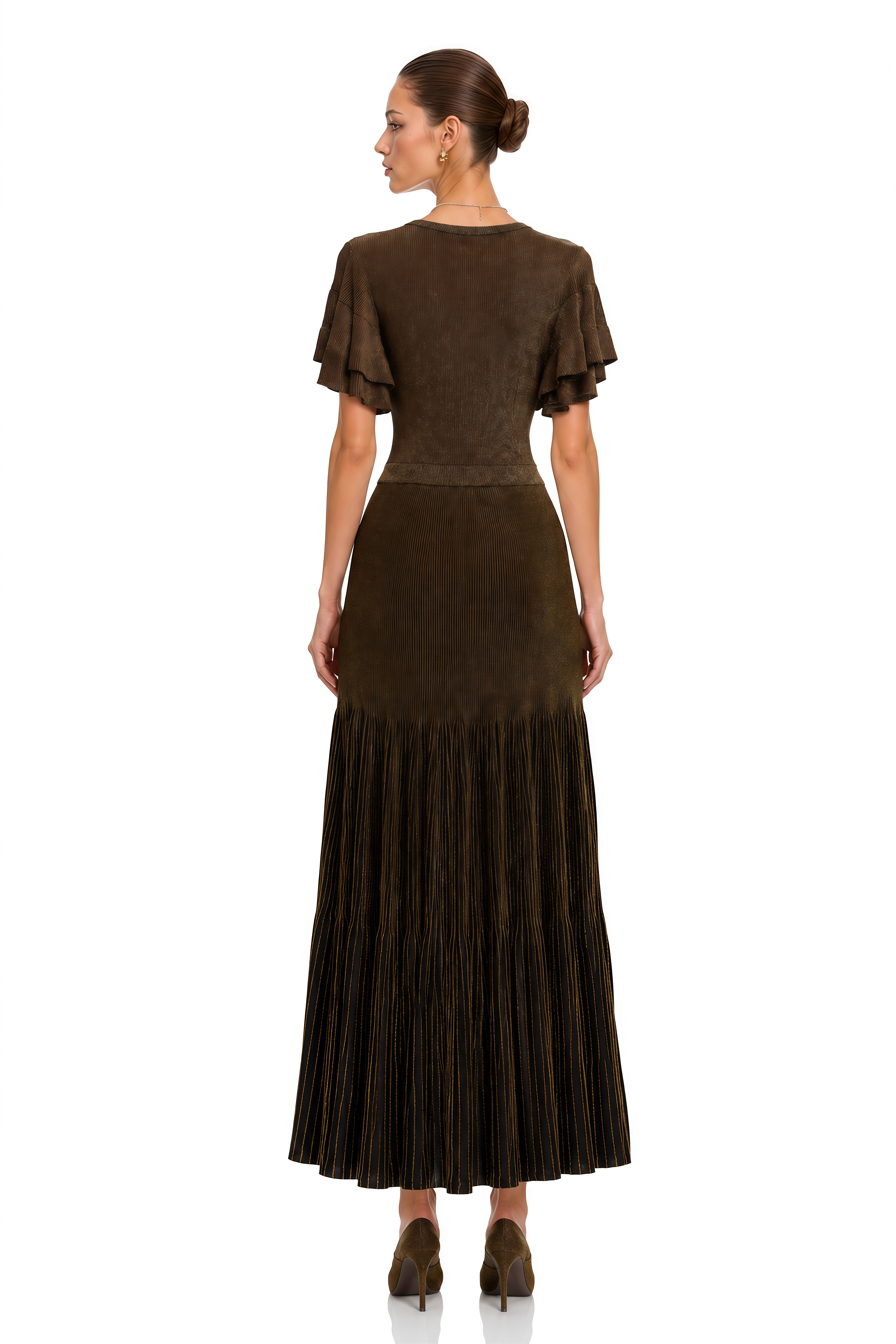 Desiree Brown V Neck Ruffle Sleeve Knit Maxi Dress