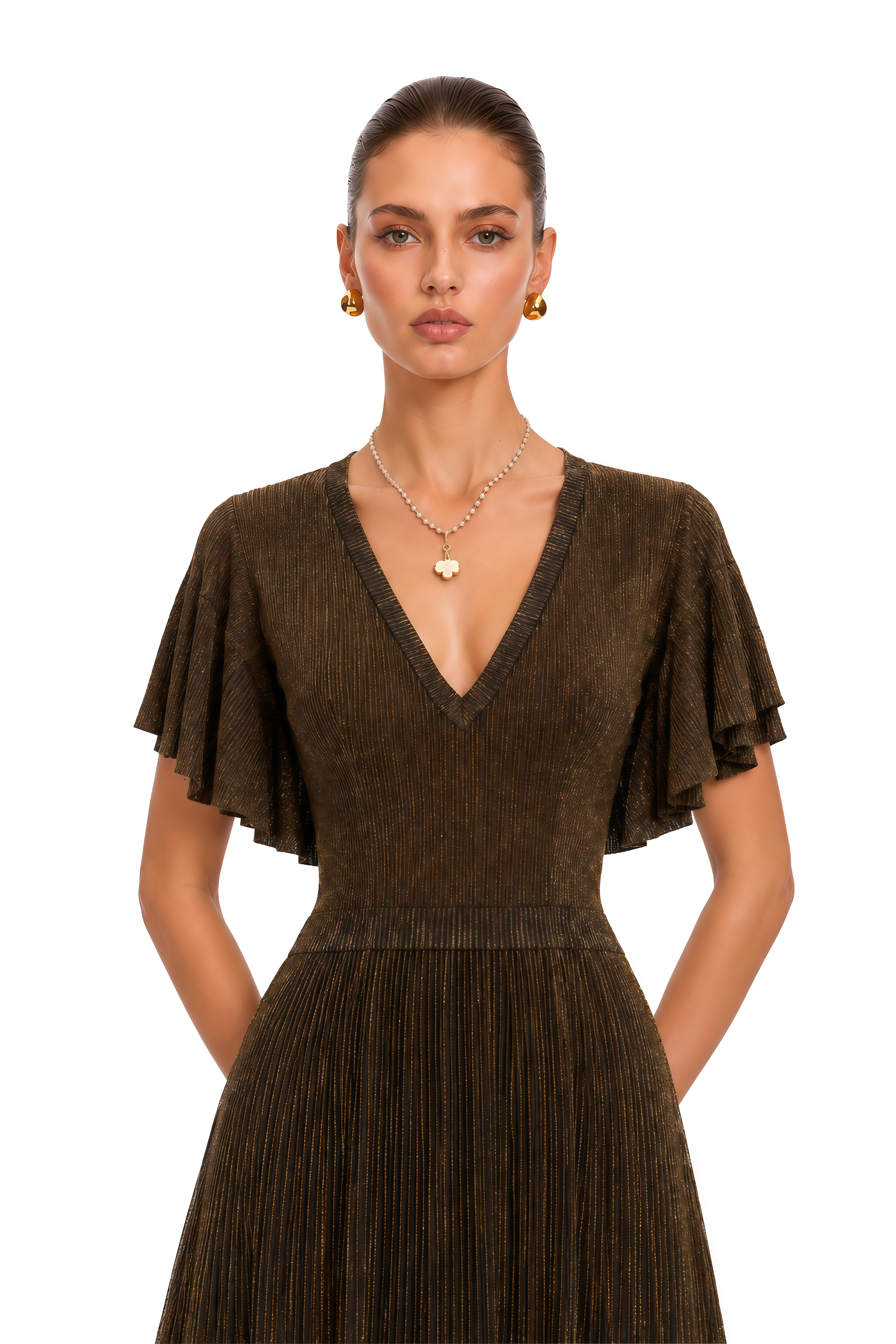 Desiree Brown V Neck Ruffle Sleeve Knit Maxi Dress