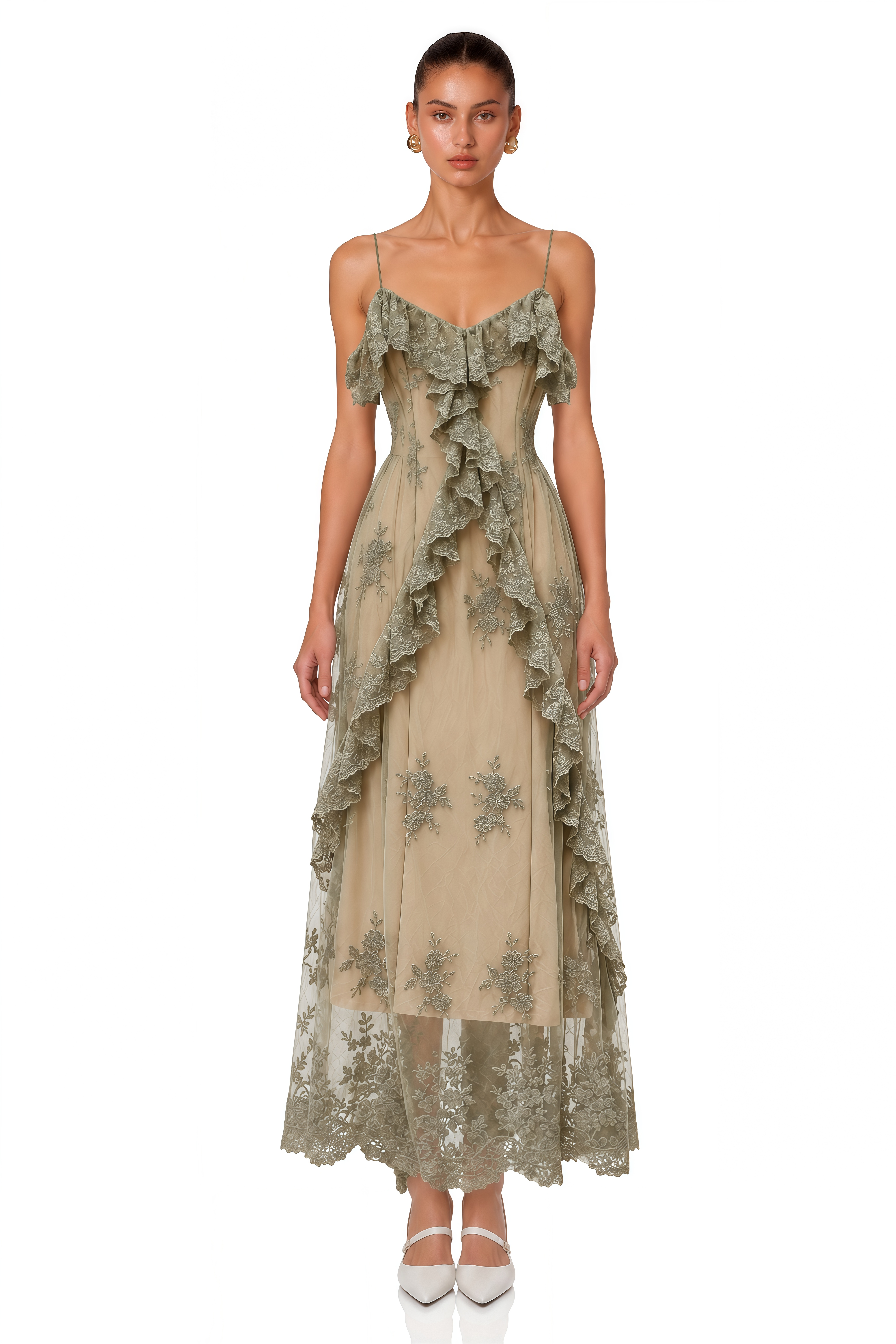 Diora Sage Green Floral Lace Ruffle Maxi Dress