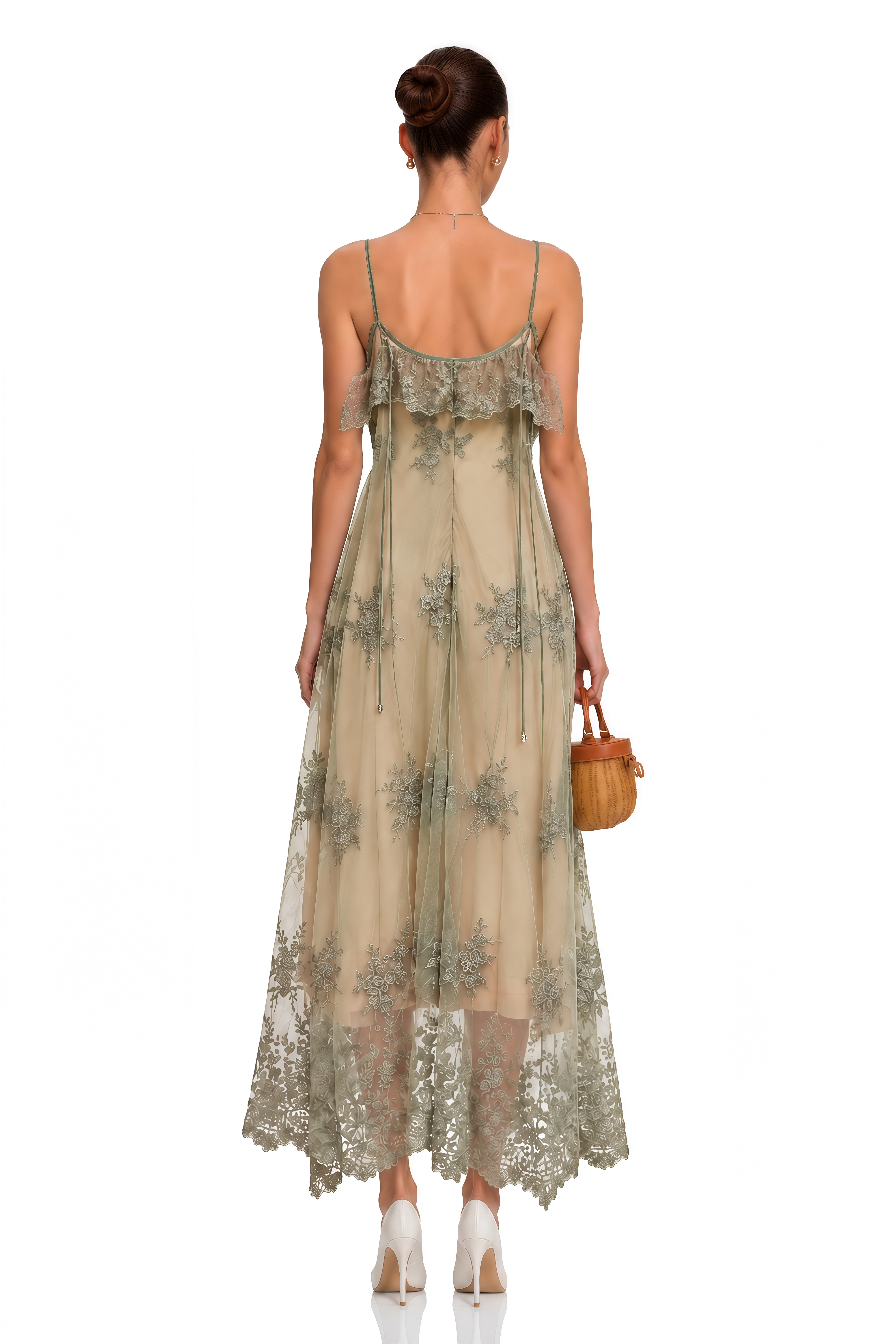 Diora Sage Green Floral Lace Ruffle Maxi Dress