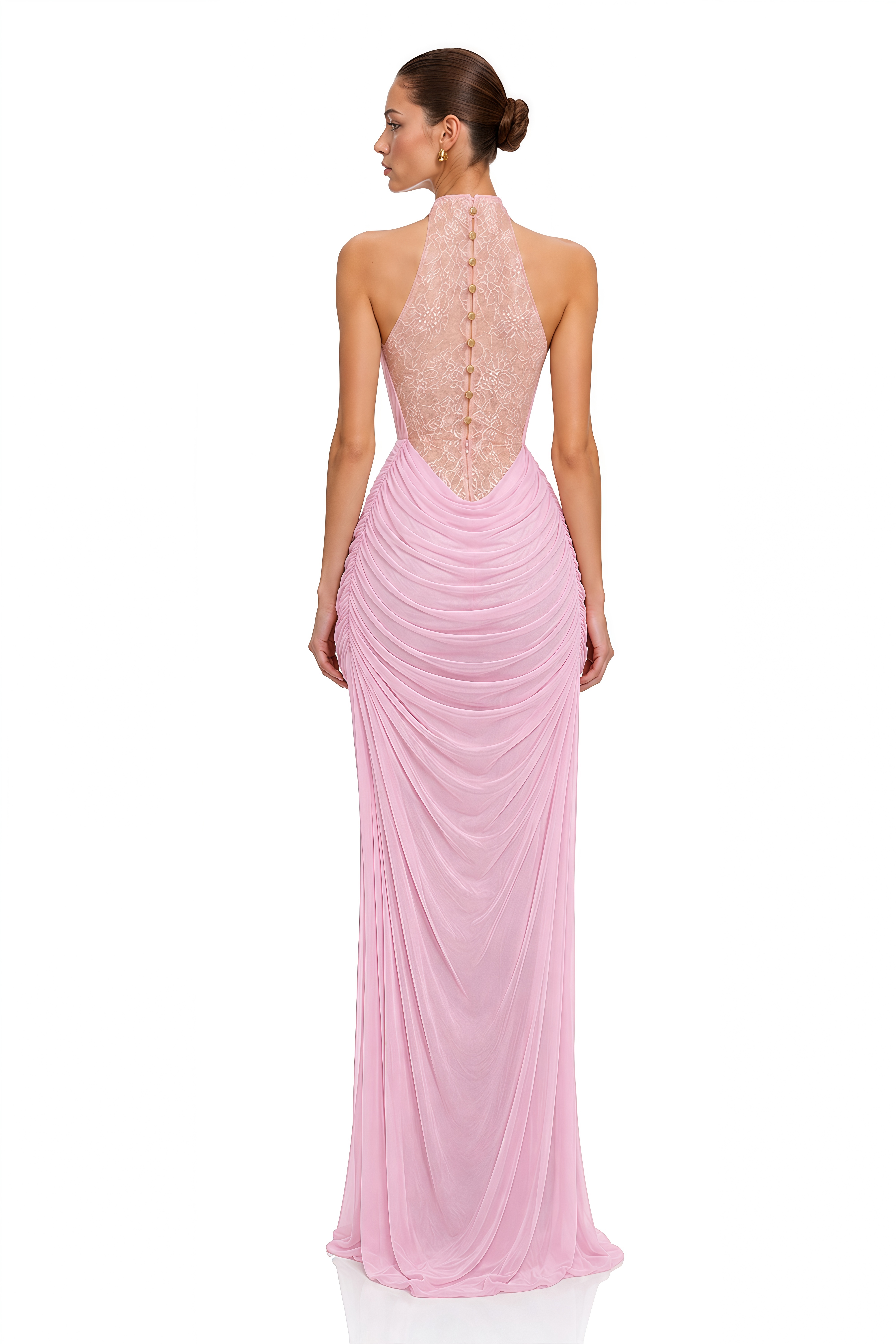 Ditya Pink Lace Halter Ruched Maxi Dress
