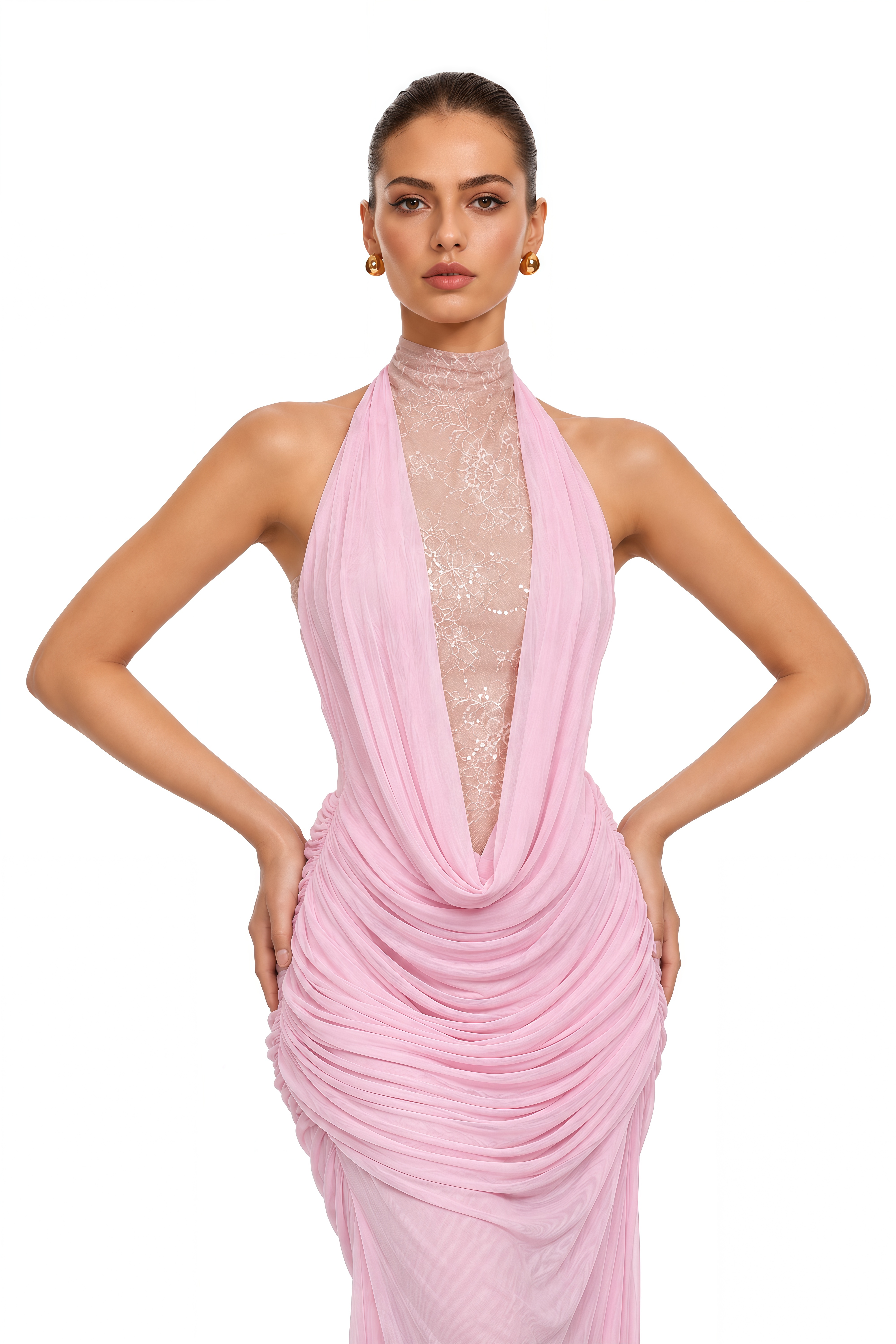 Ditya Pink Lace Halter Ruched Maxi Dress