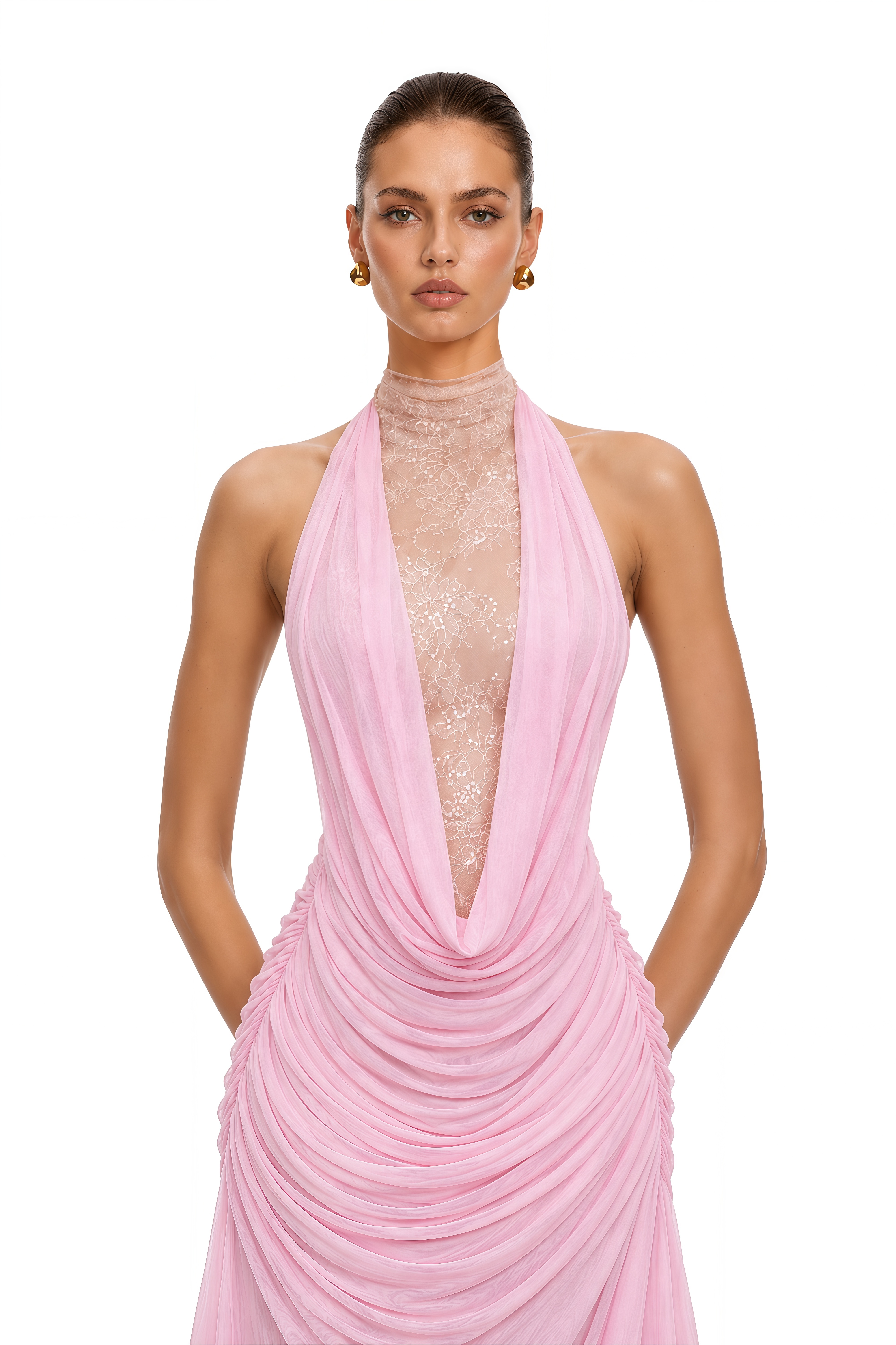 Ditya Pink Lace Halter Ruched Maxi Dress