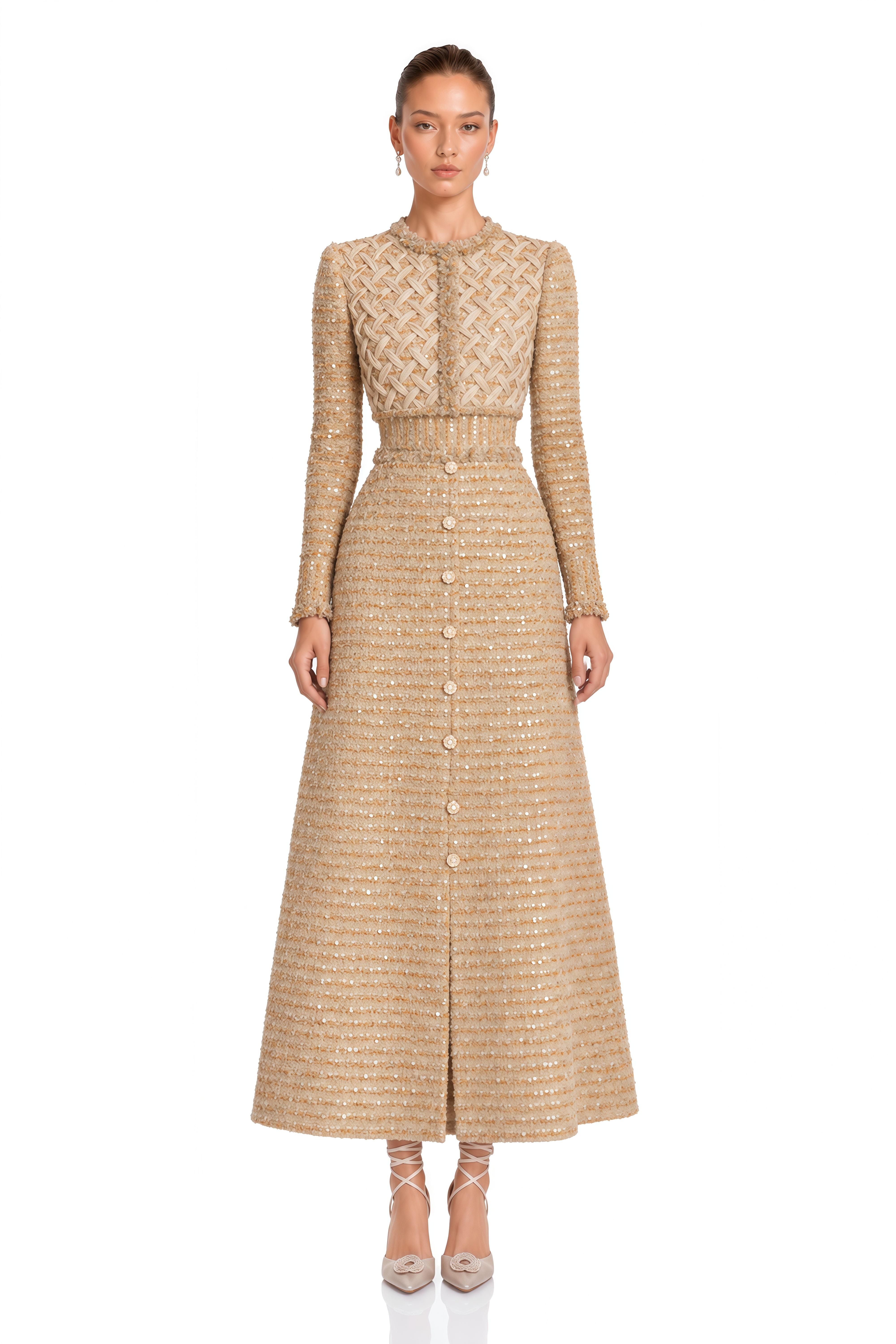 Eleanor Gold Sequin Tweed Long Sleeve Maxi Dress