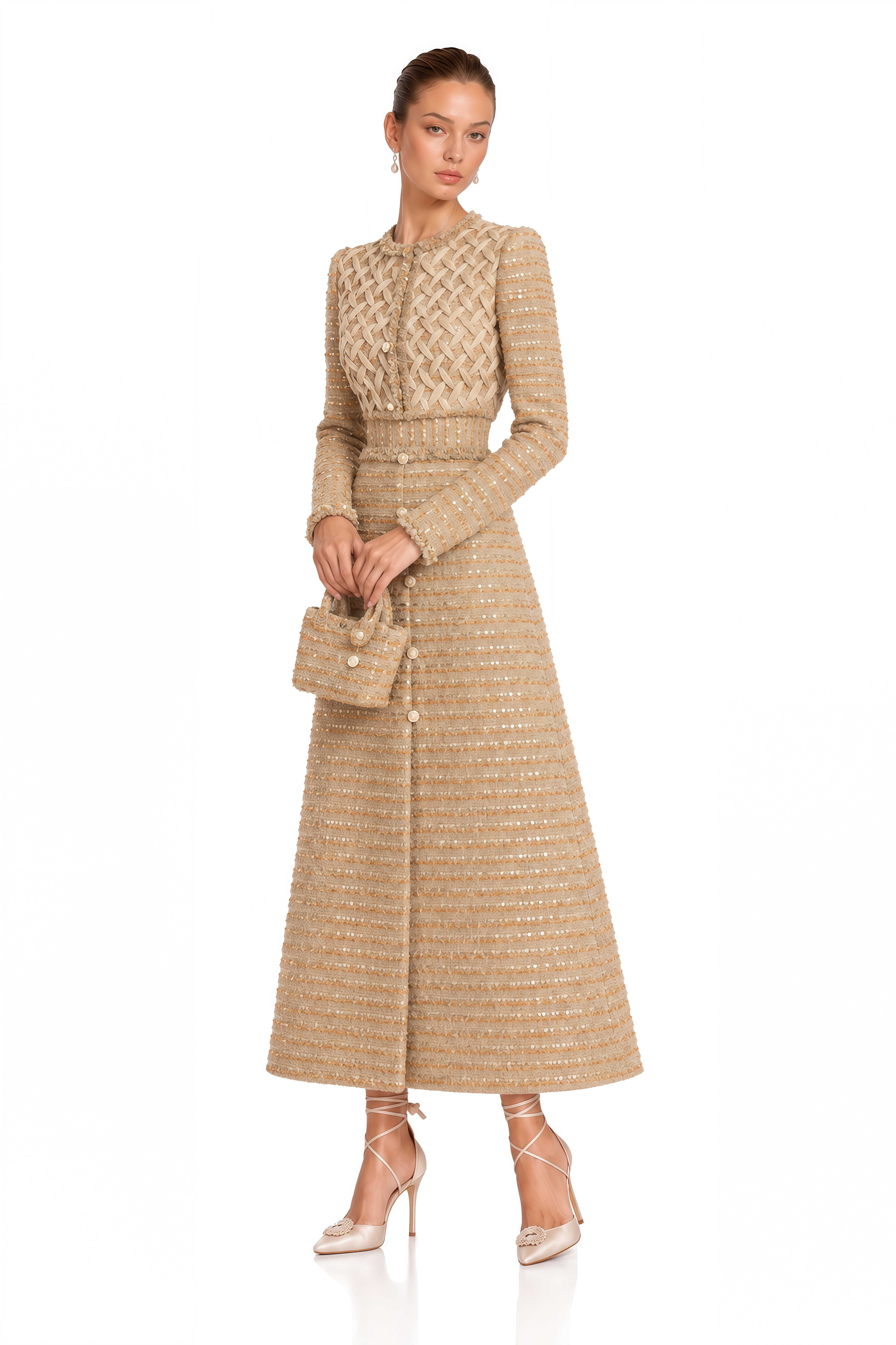 Eleanor Gold Sequin Tweed Long Sleeve Maxi Dress