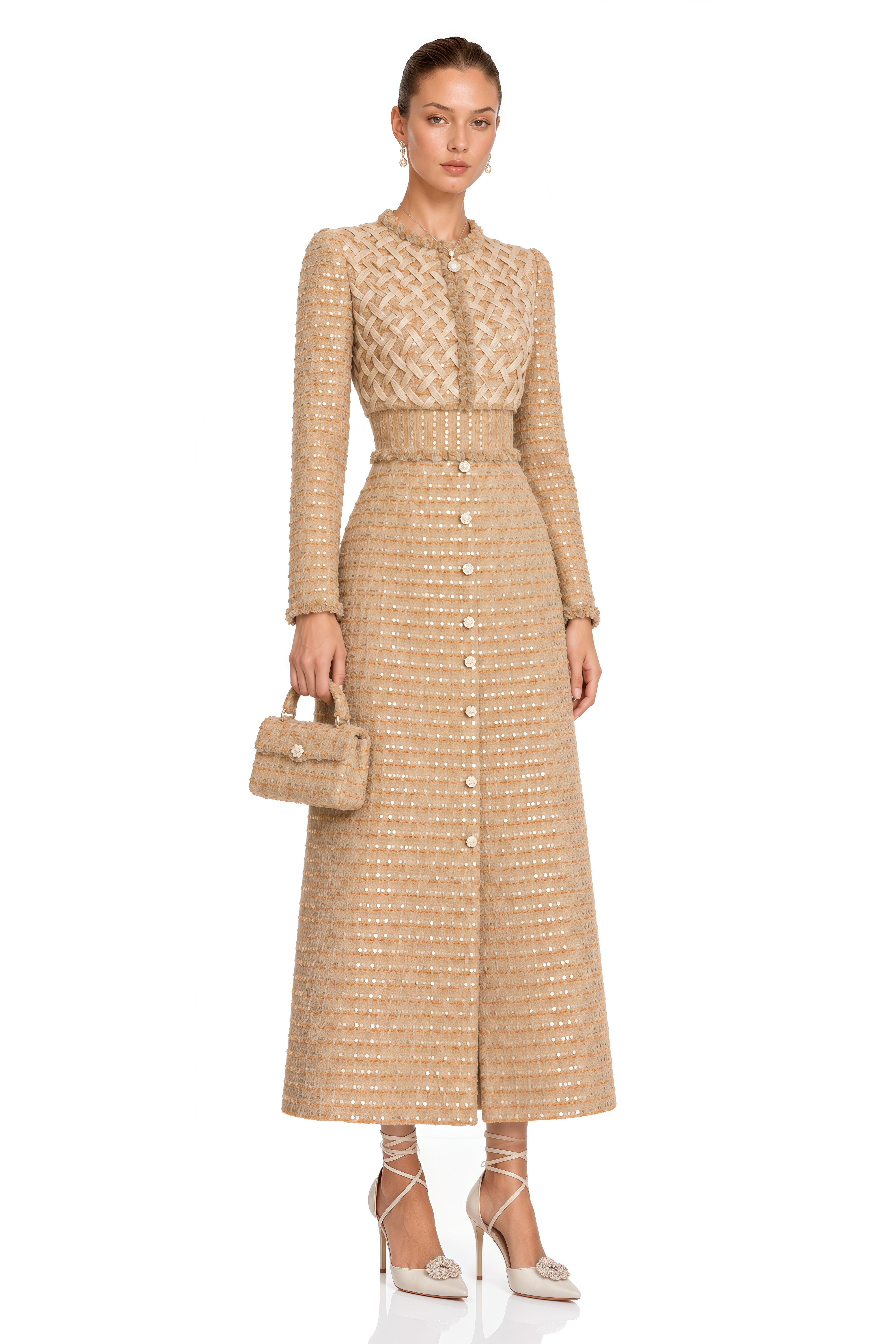 Eleanor Gold Sequin Tweed Long Sleeve Maxi Dress
