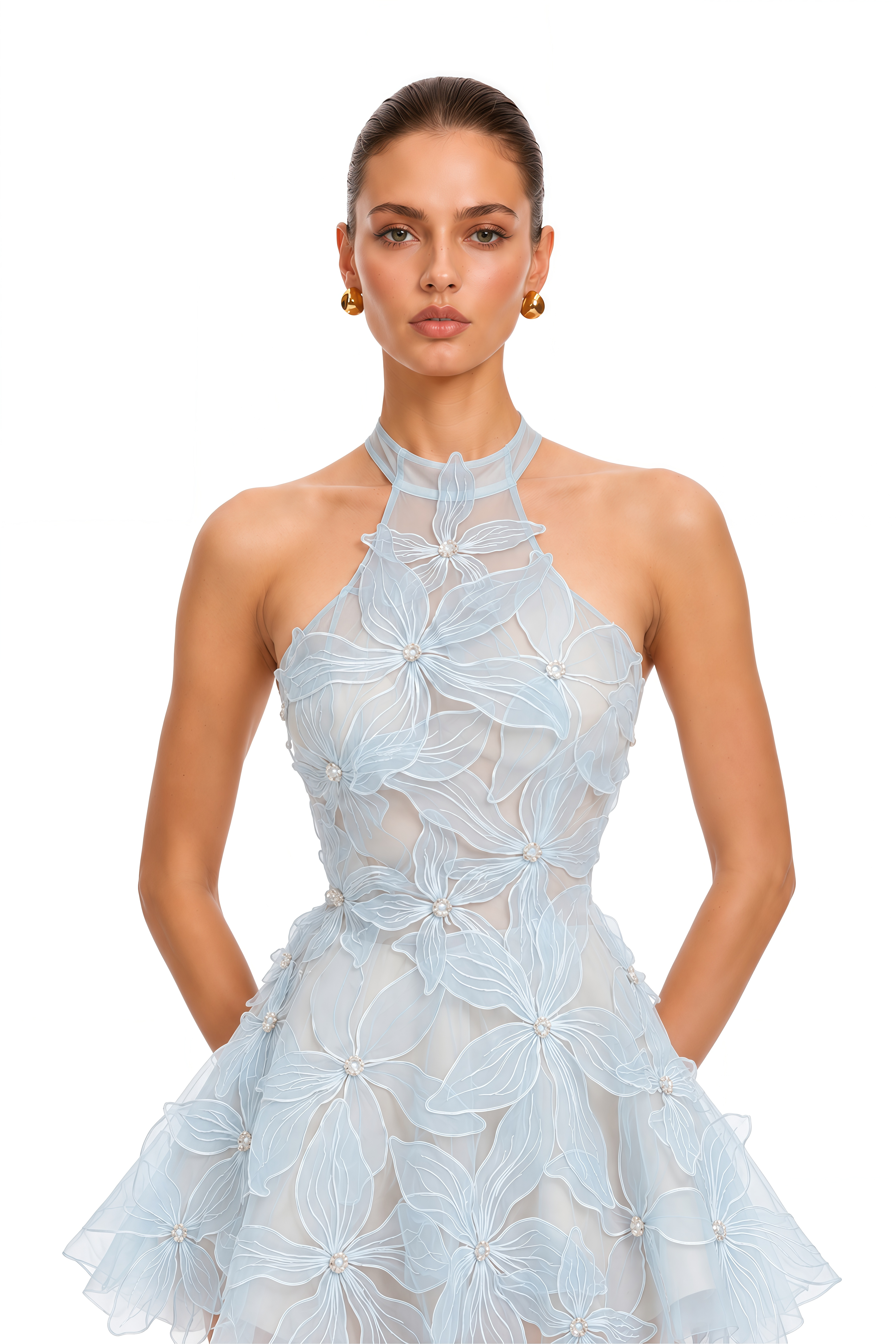 Ellena Blue Floral Applique Halterneck Mini Dress