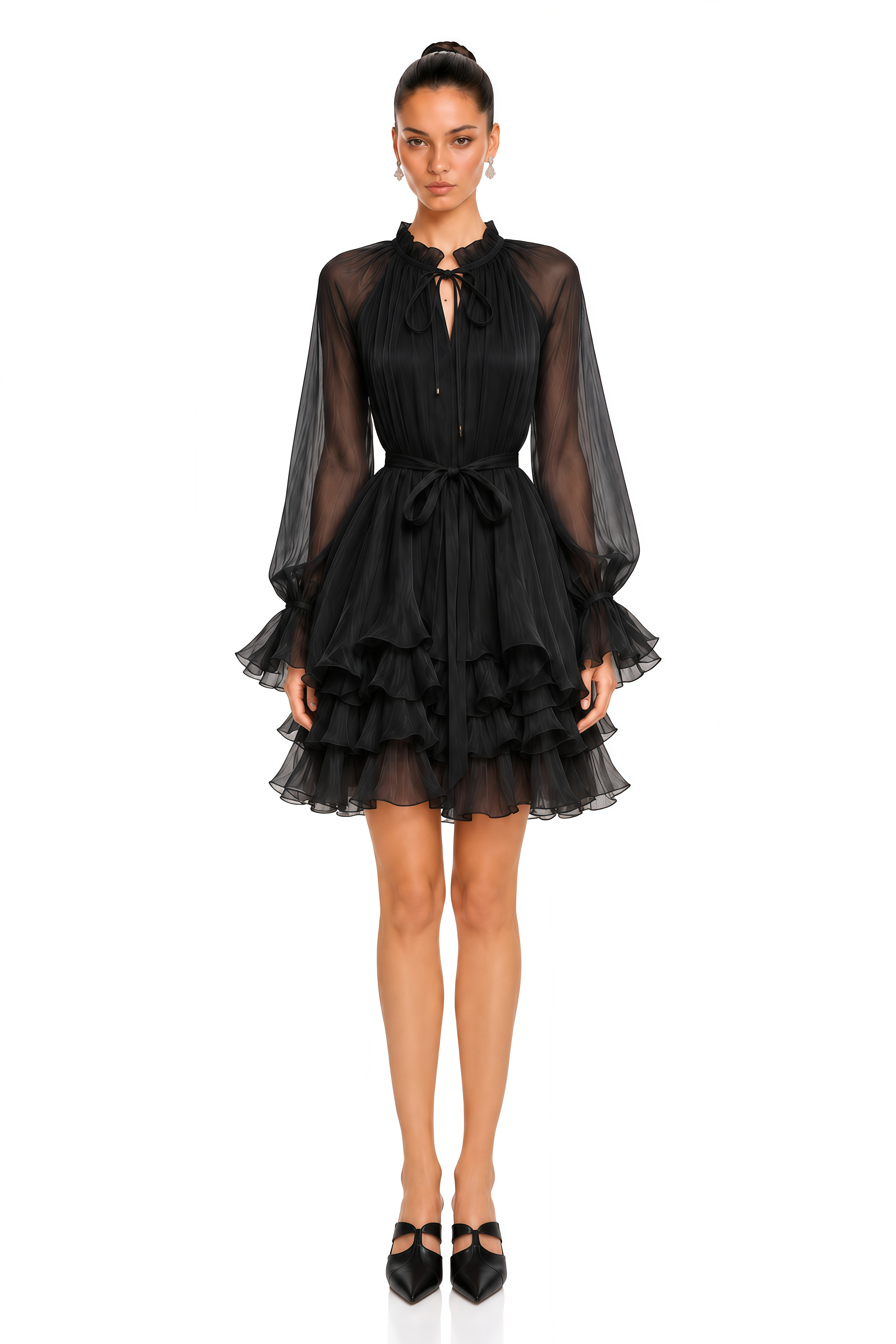 Elowette Black Bow Tie Ruffle Mini Dress
