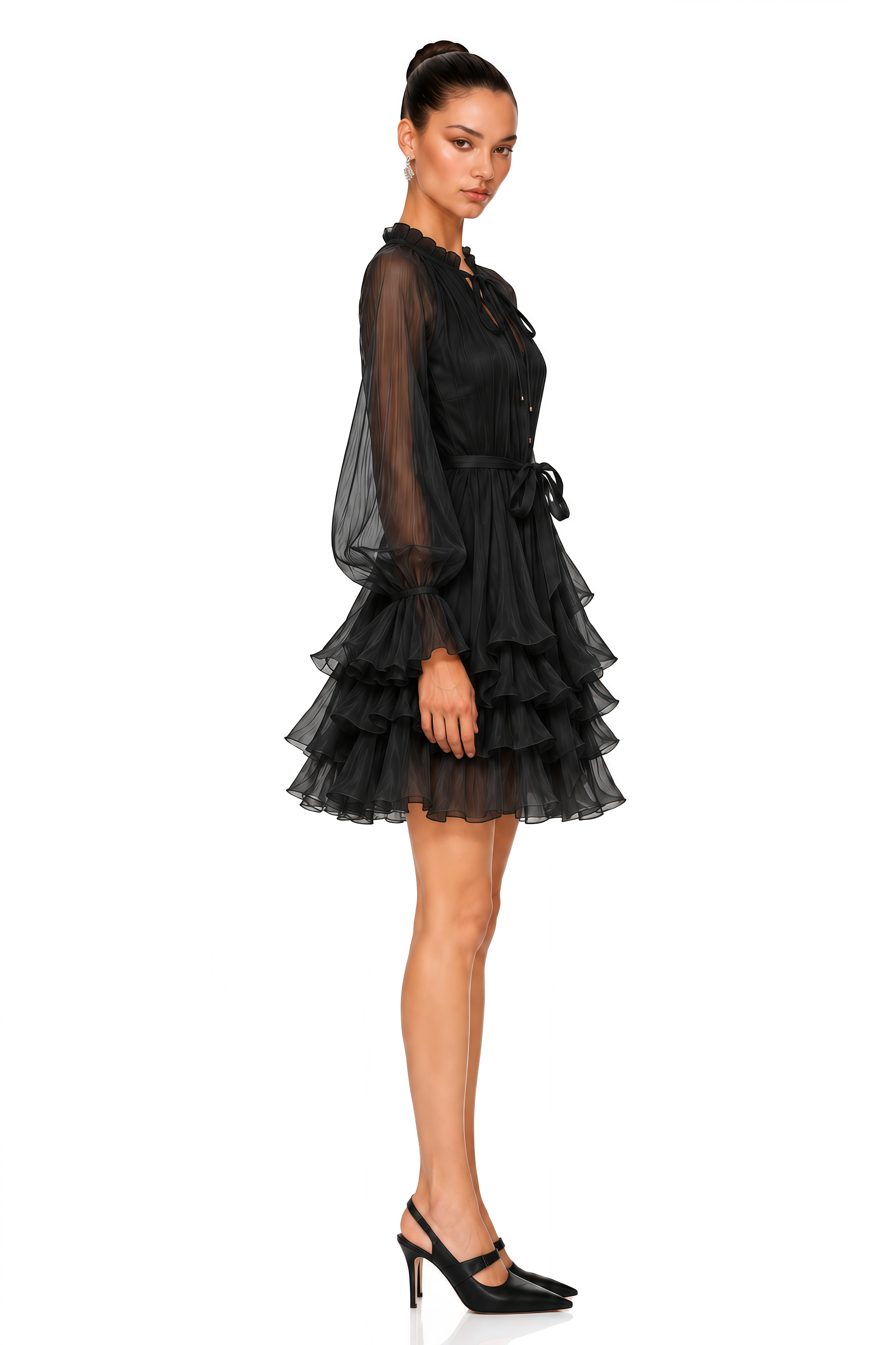 Elowette Black Bow Tie Ruffle Mini Dress