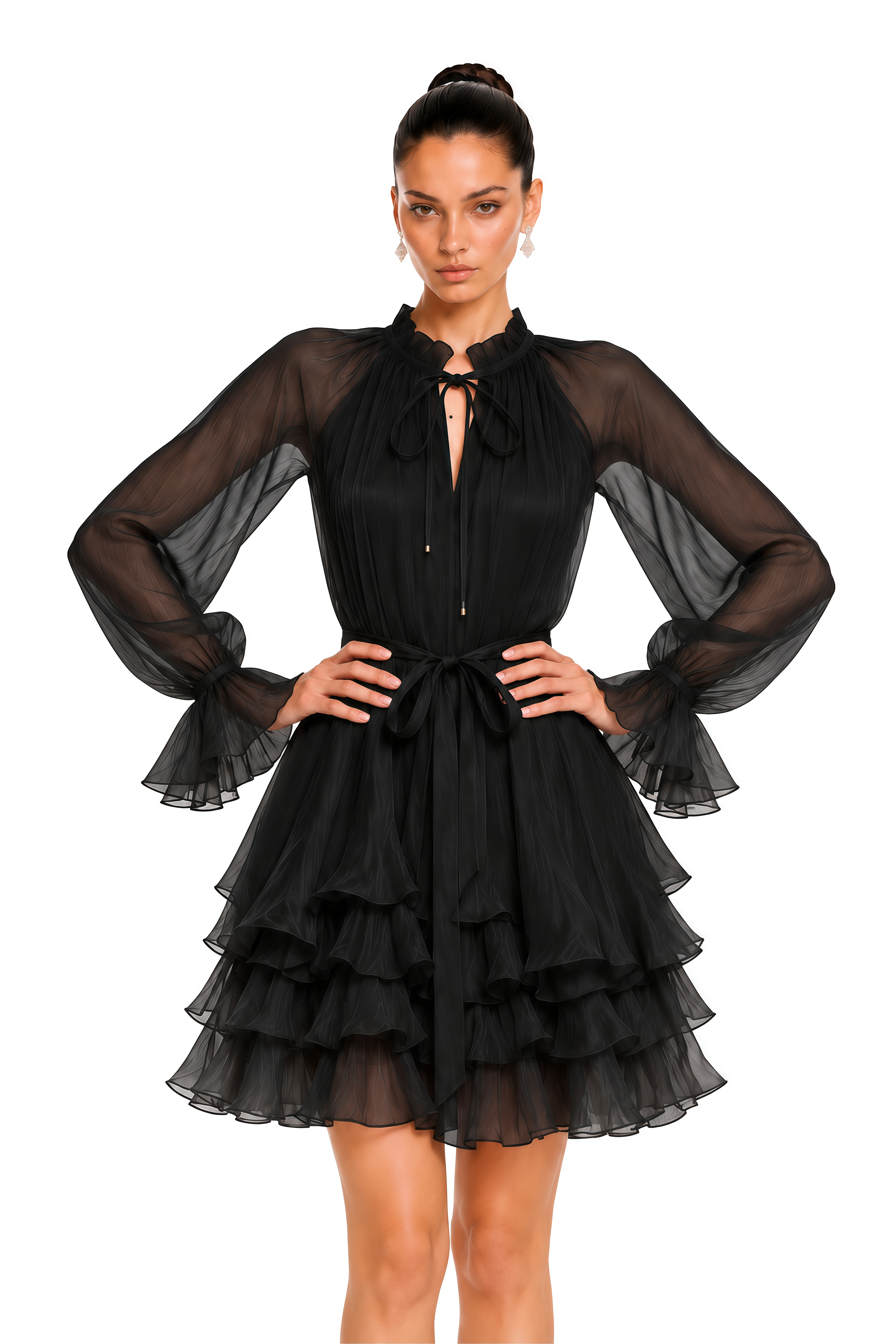 Elowette Black Bow Tie Ruffle Mini Dress