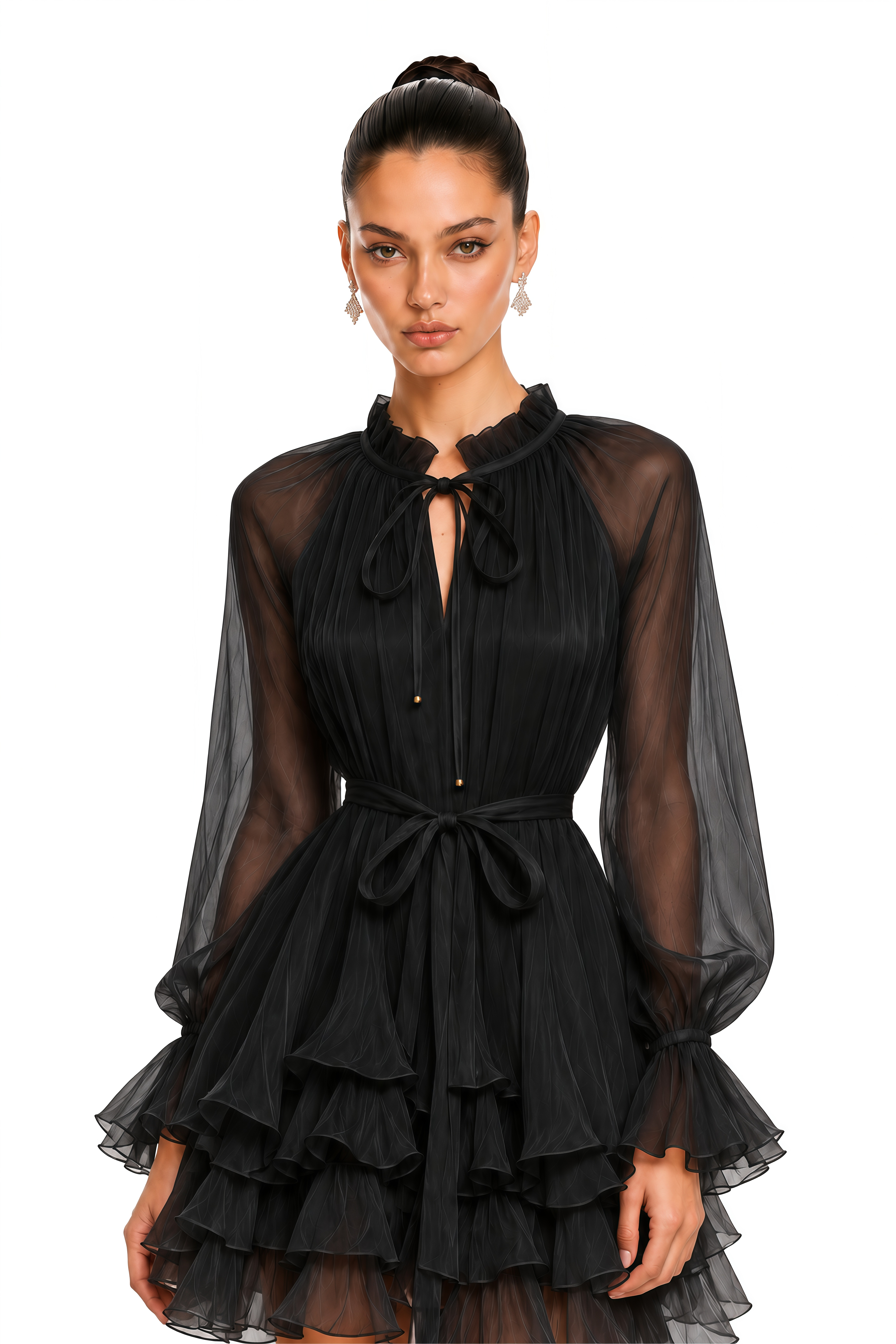 Elowette Black Bow Tie Ruffle Mini Dress
