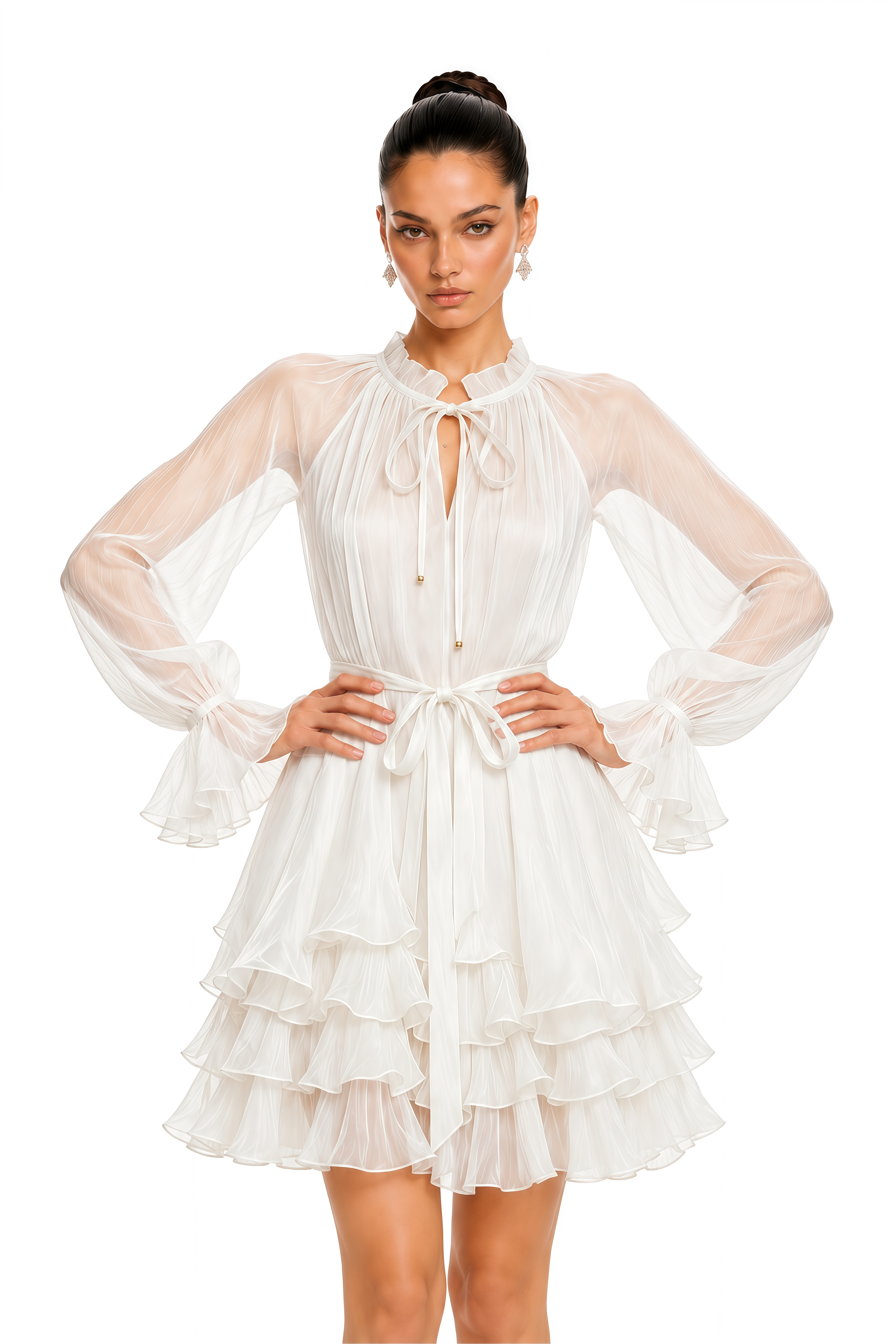 Elowette White Bow Tie Ruffle Mini Dress