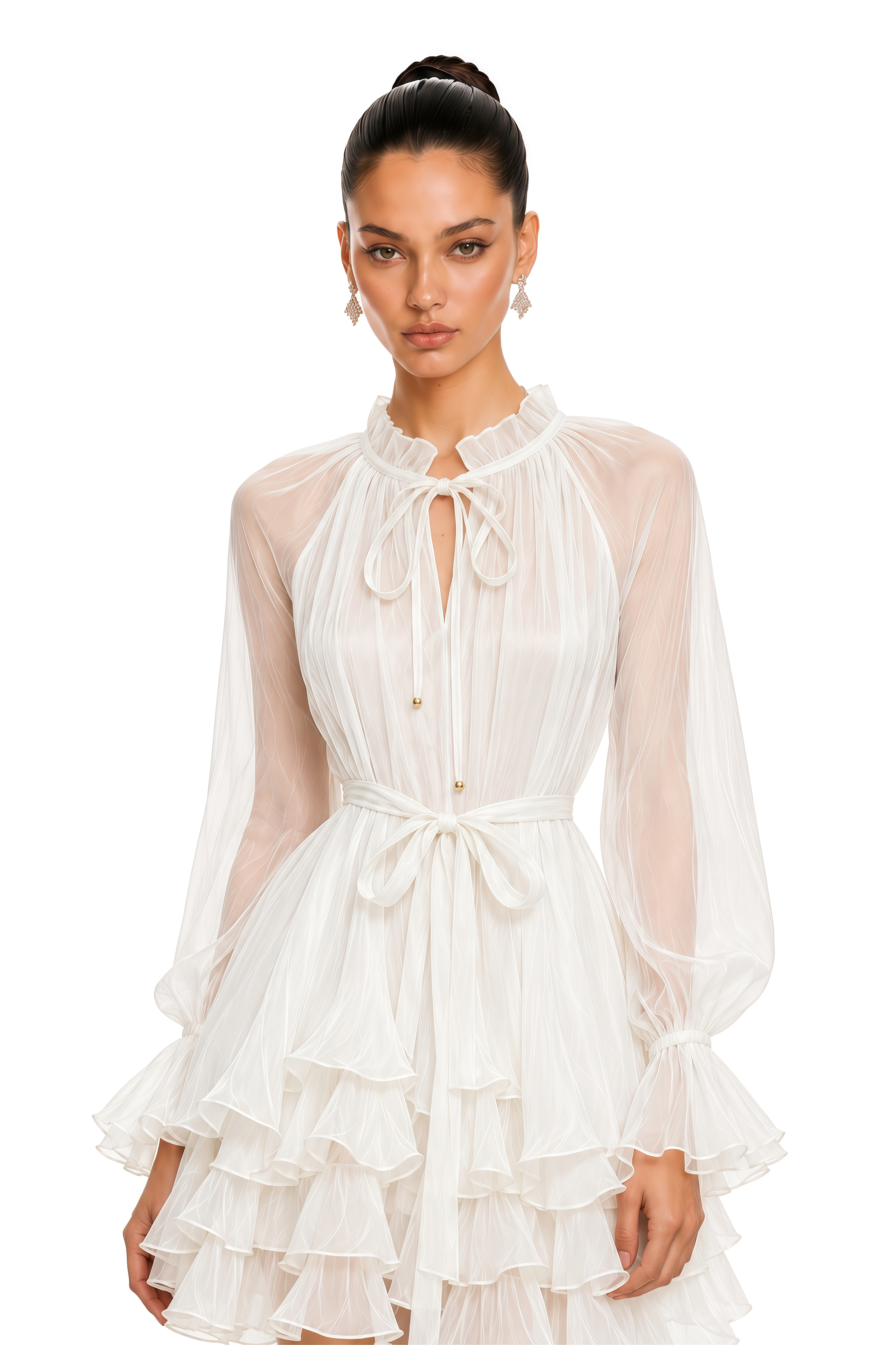Elowette White Bow Tie Ruffle Mini Dress