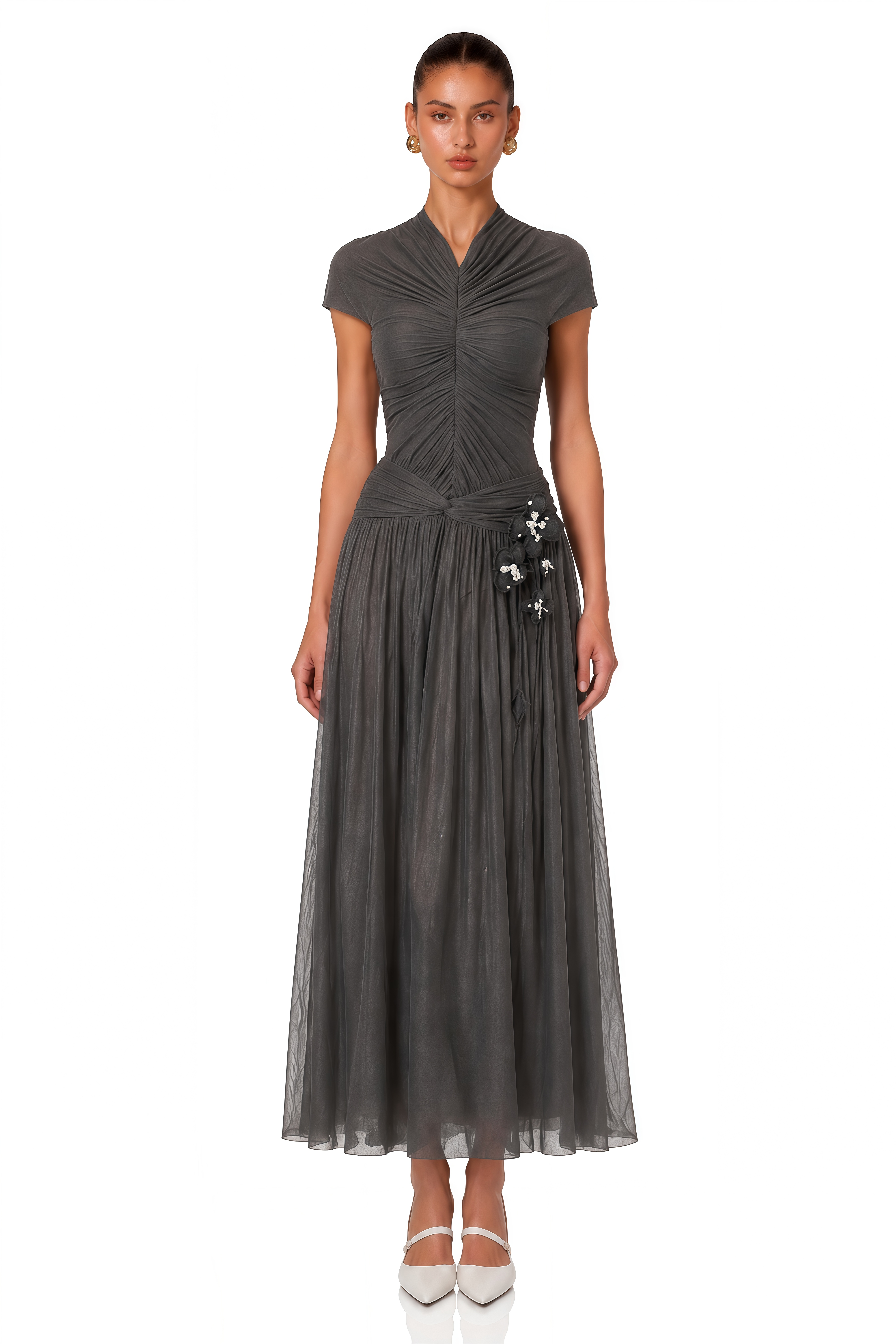 Estrella Grey Ruched Floral Applique Maxi Dress