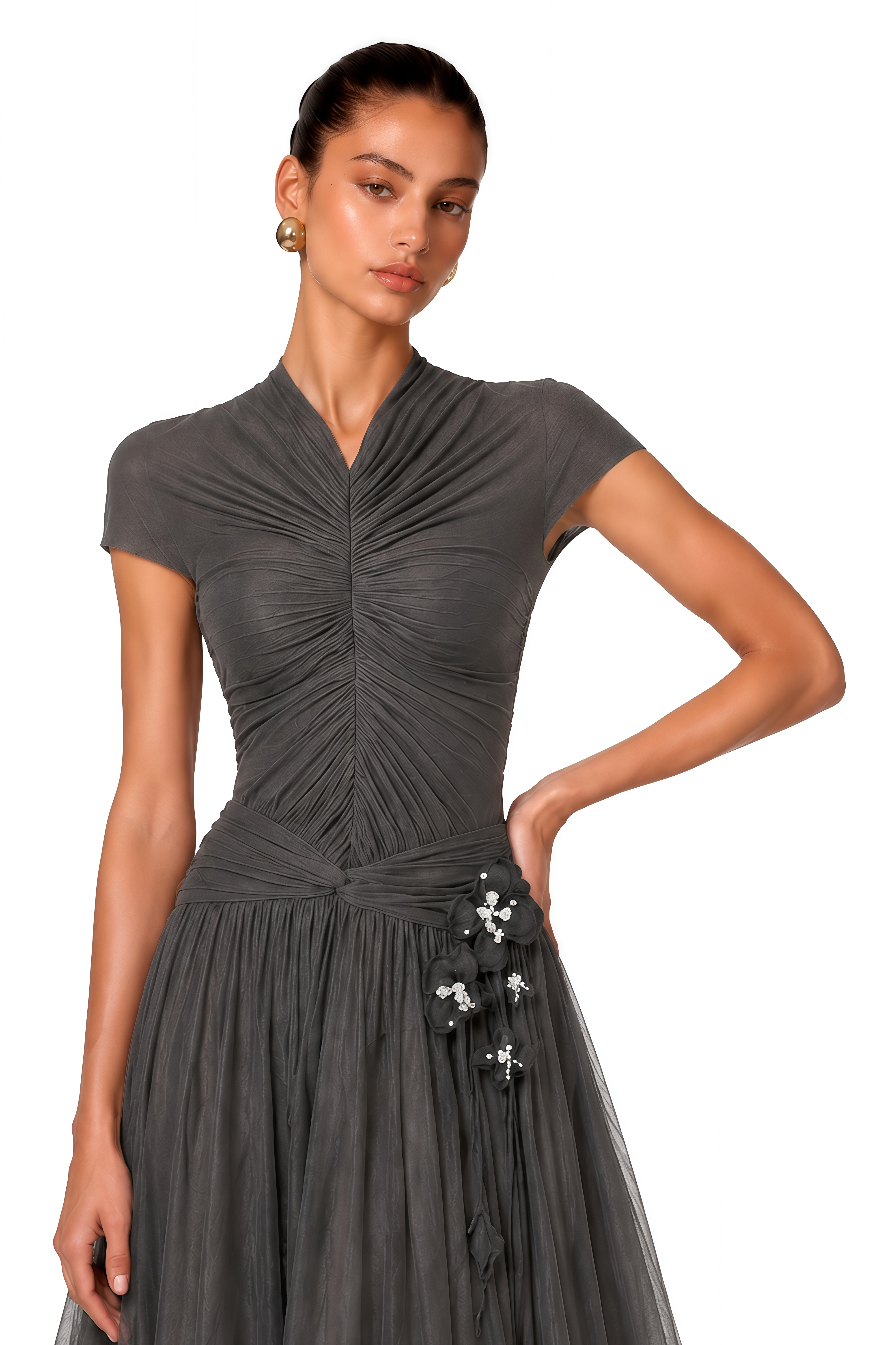 Estrella Grey Ruched Floral Applique Maxi Dress