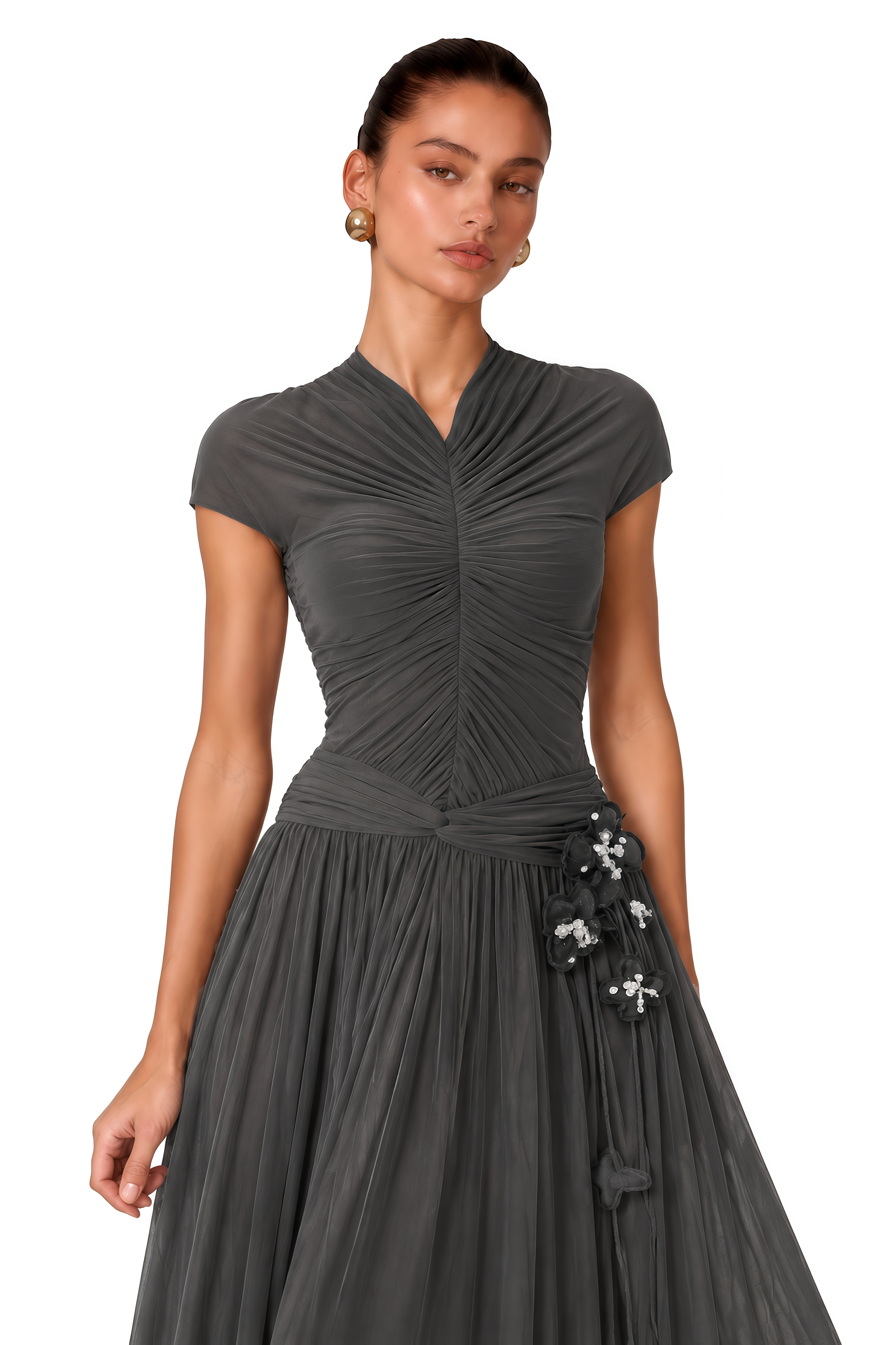 Estrella Grey Ruched Floral Applique Maxi Dress