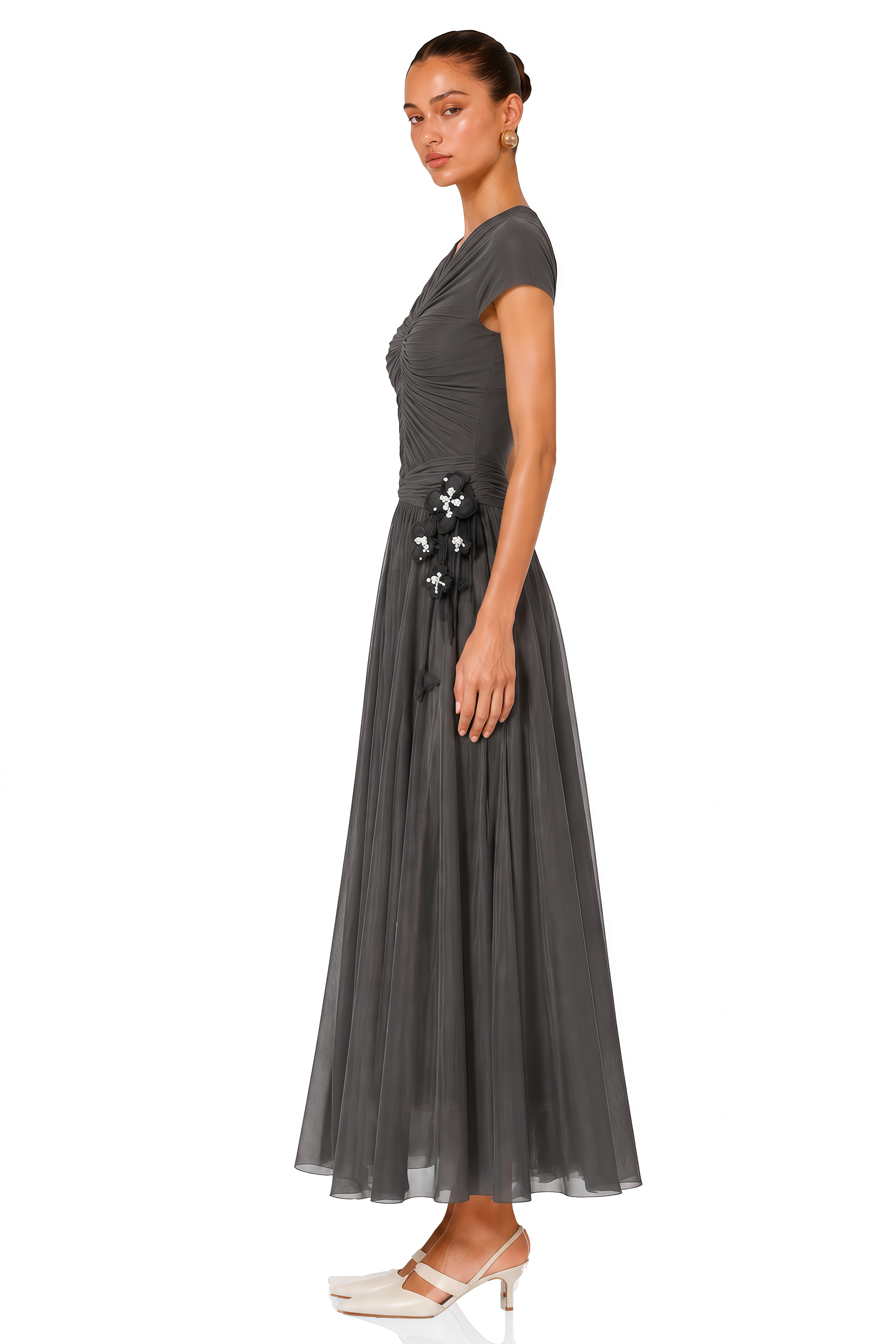 Estrella Grey Ruched Floral Applique Maxi Dress