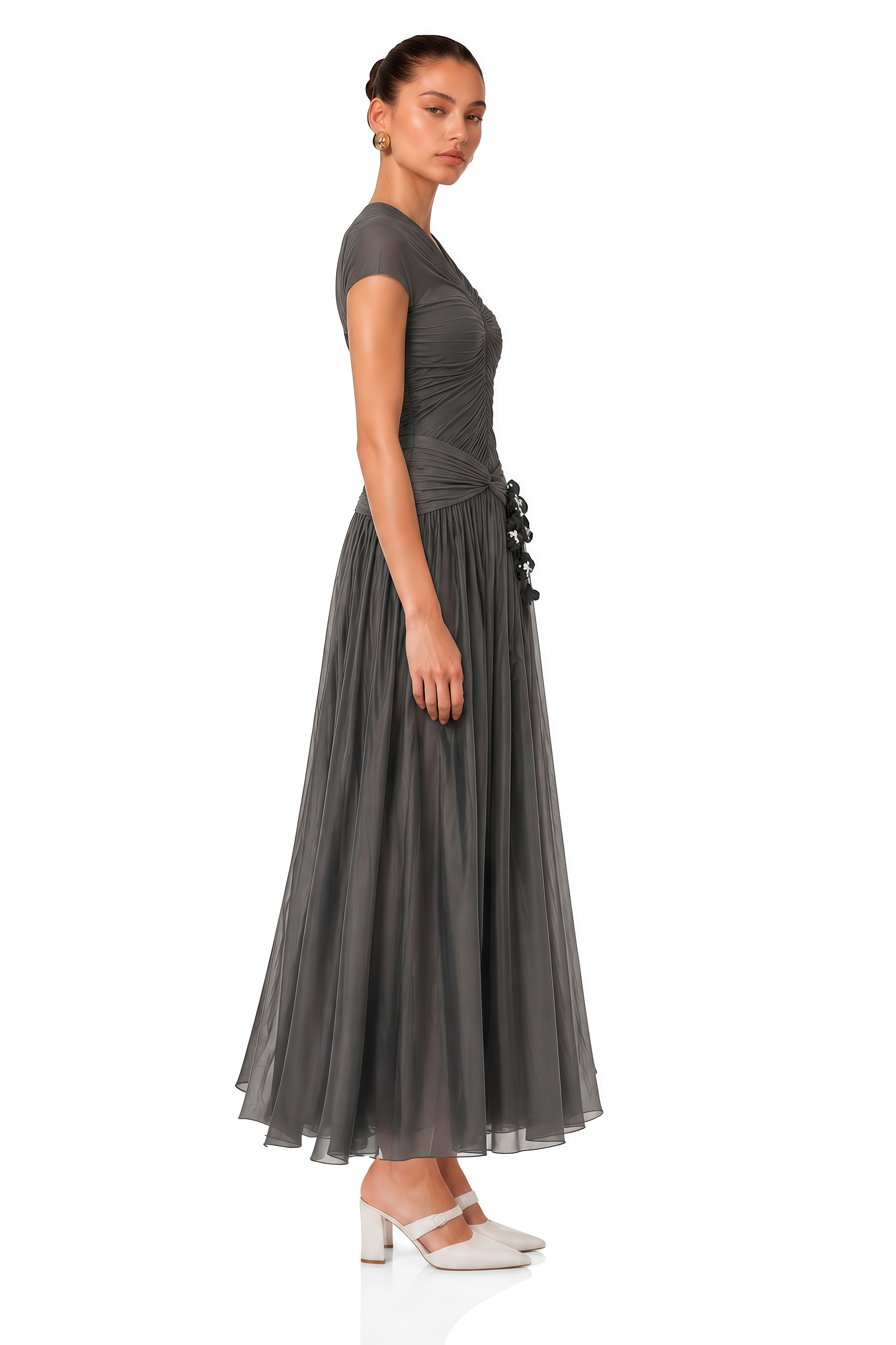 Estrella Grey Ruched Floral Applique Maxi Dress