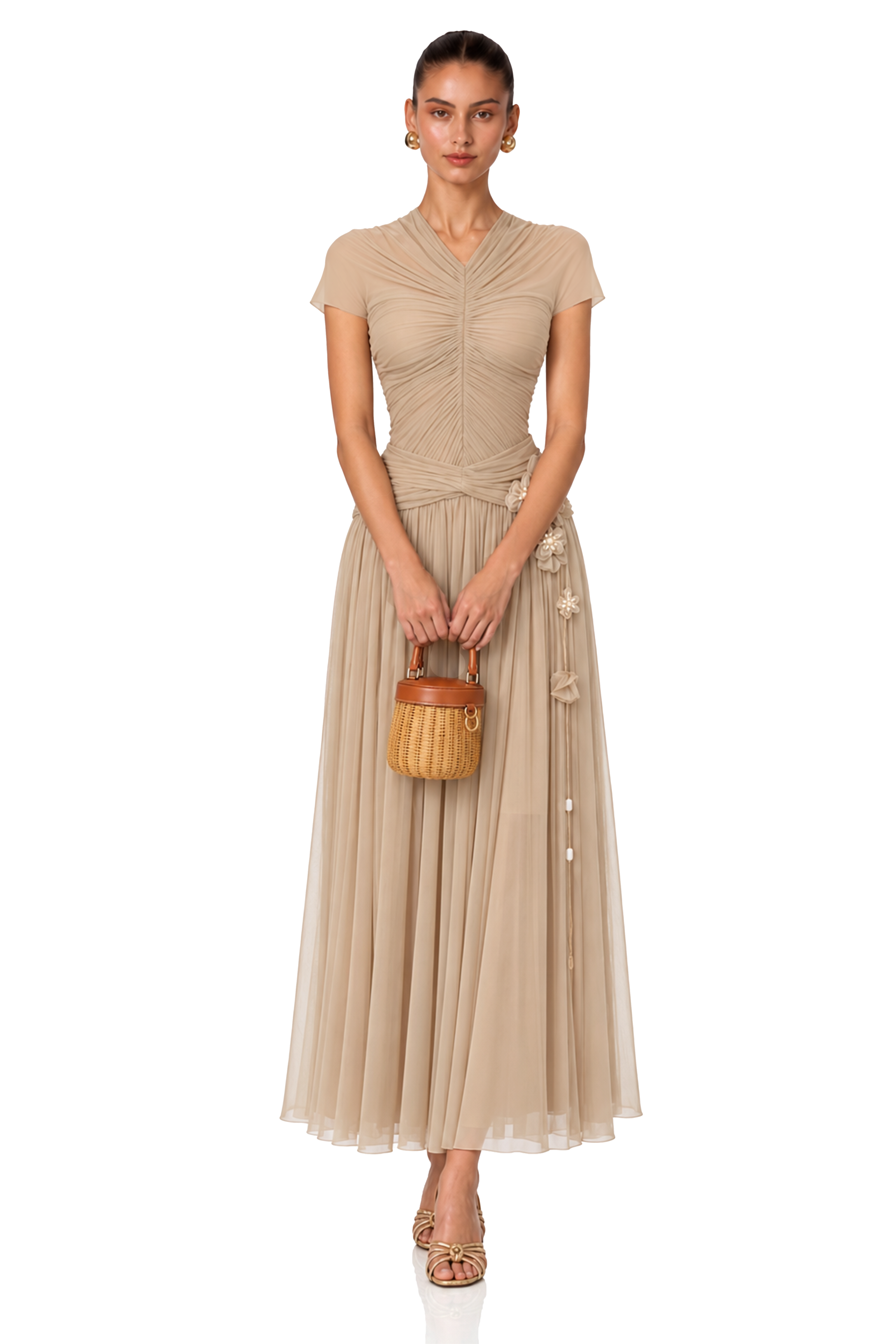 Estrella Khaki Ruched Floral Applique Maxi Dress
