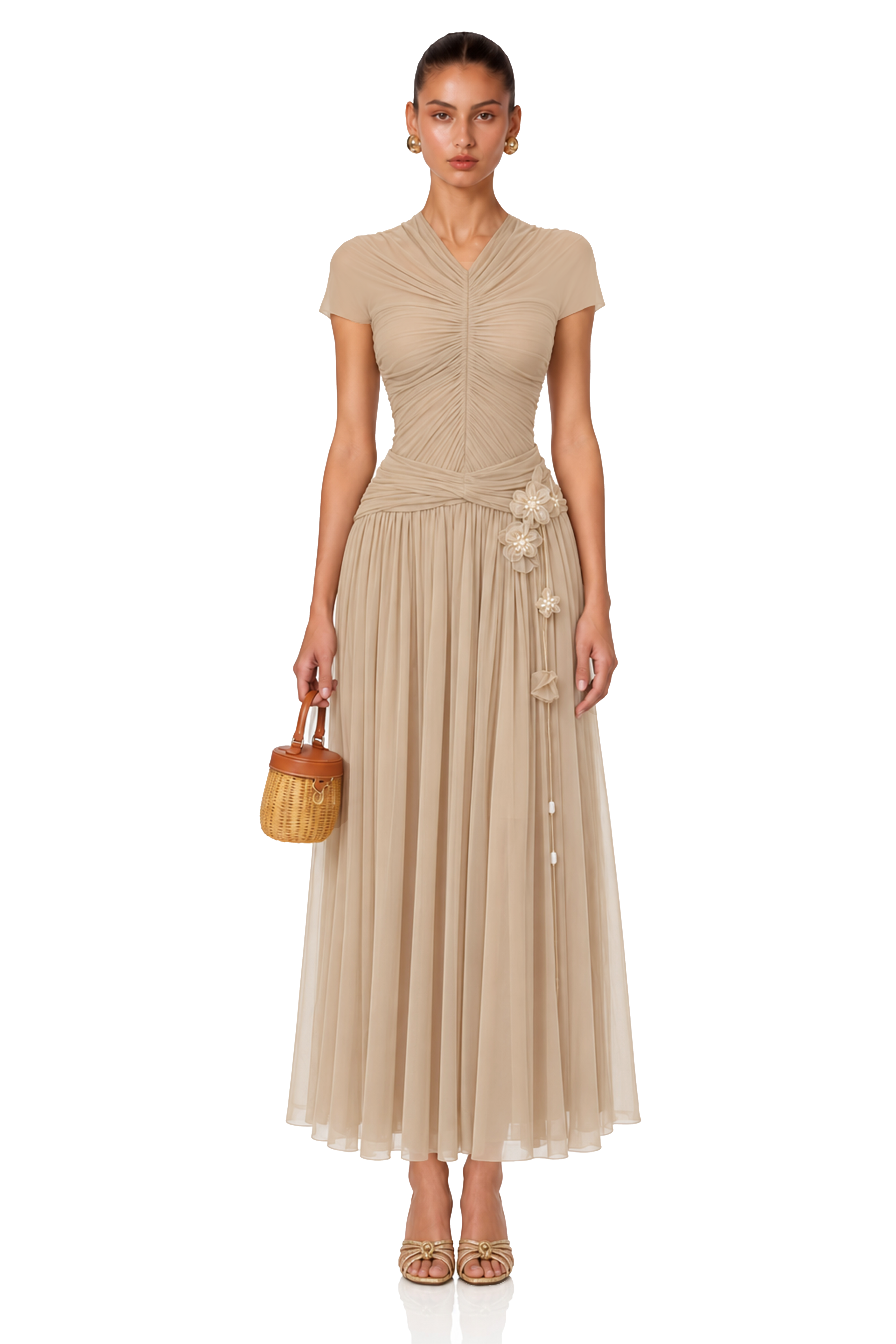 Estrella Khaki Ruched Floral Applique Maxi Dress