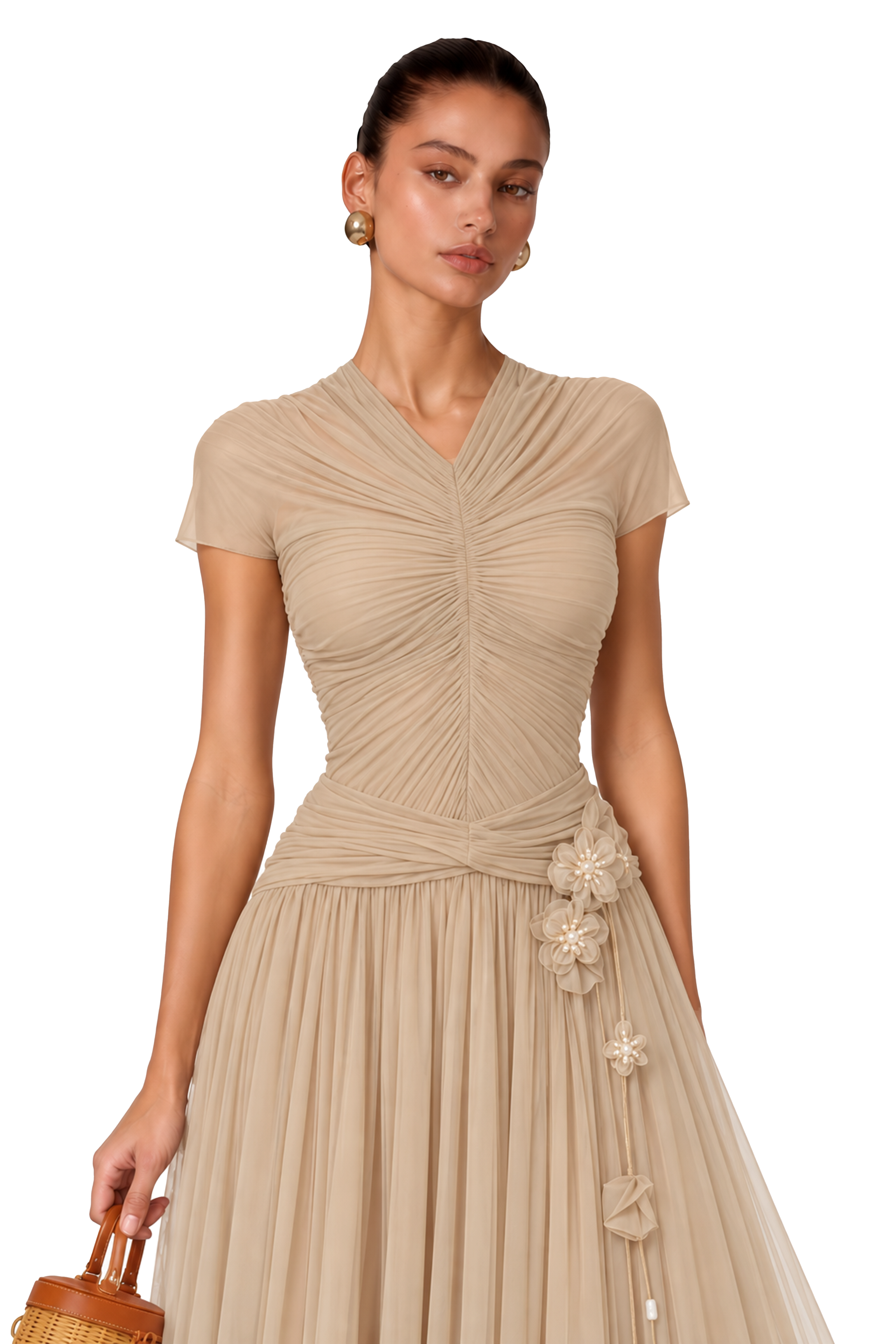 Estrella Khaki Ruched Floral Applique Maxi Dress