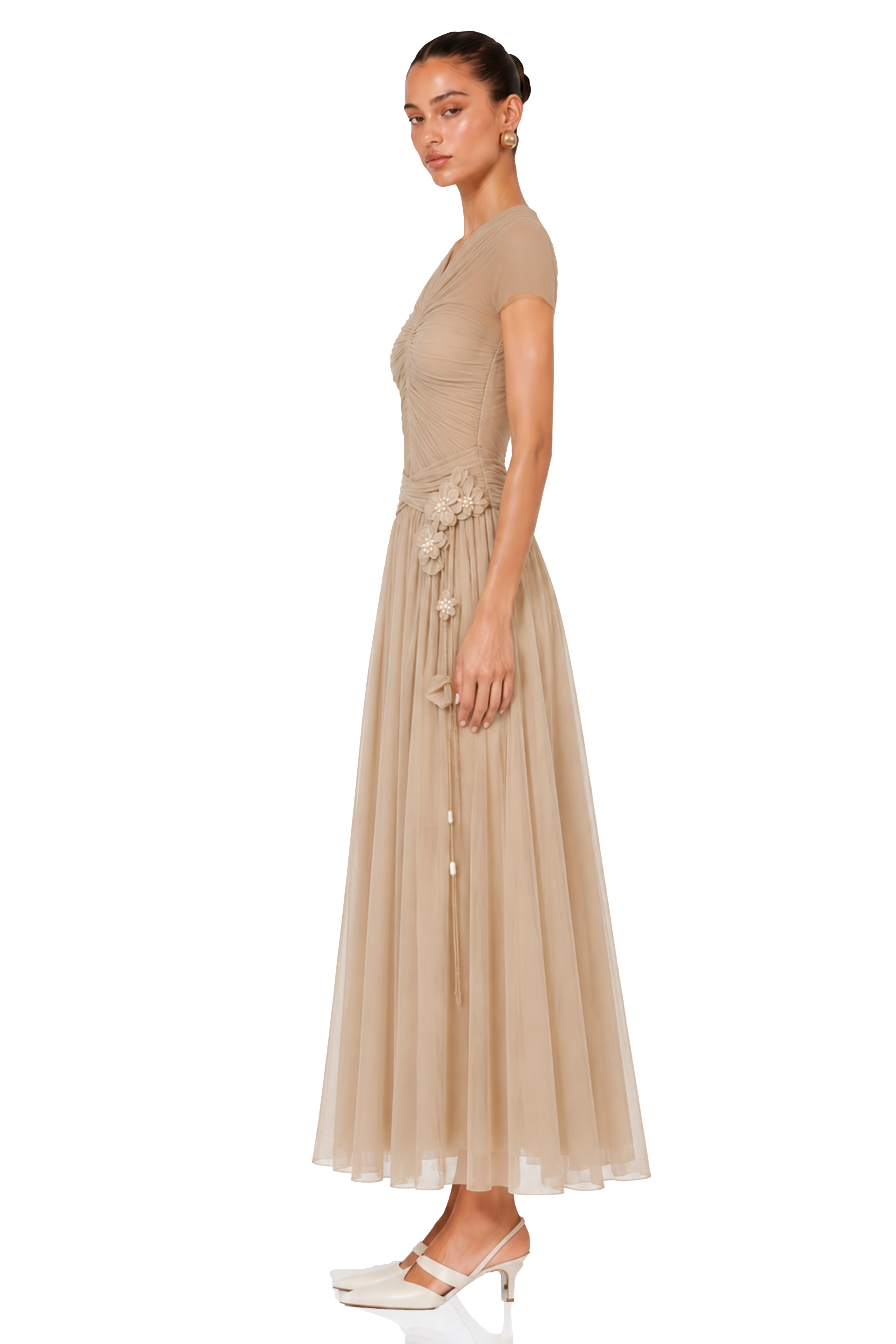 Estrella Khaki Ruched Floral Applique Maxi Dress