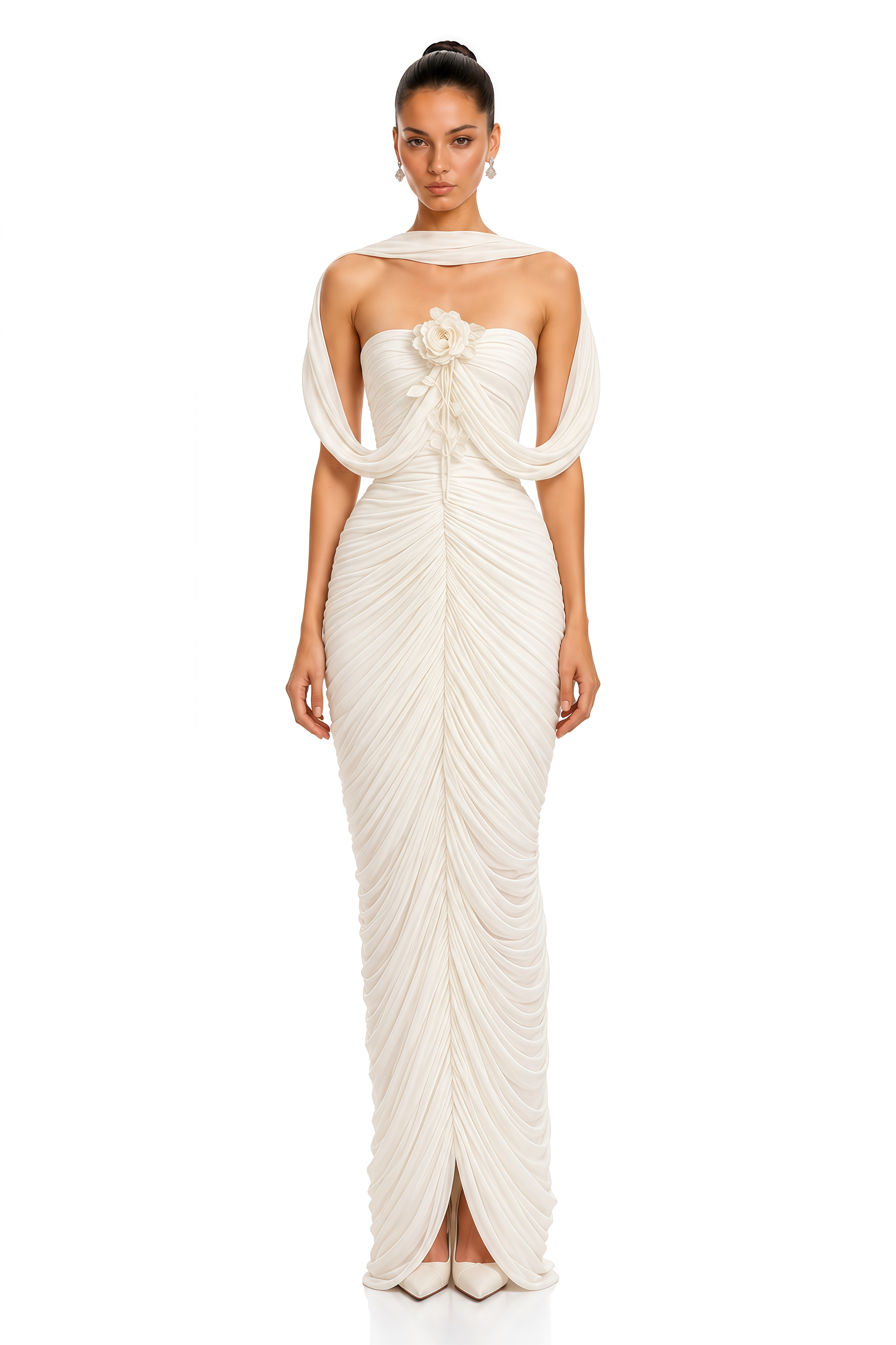 Evadne Ivory 3D Floral Draped Ruched Maxi Dress
