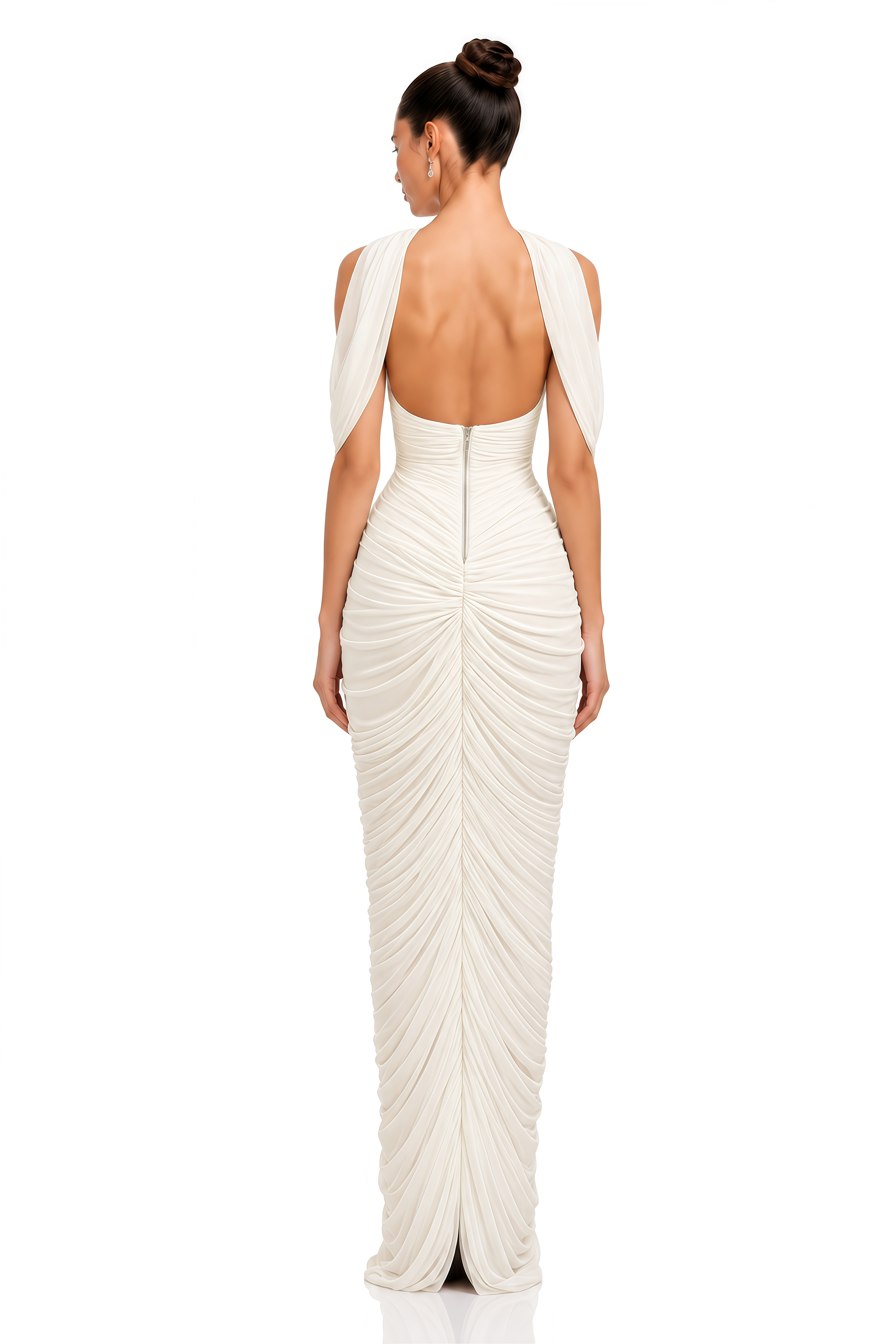 Evadne Ivory 3D Floral Draped Ruched Maxi Dress