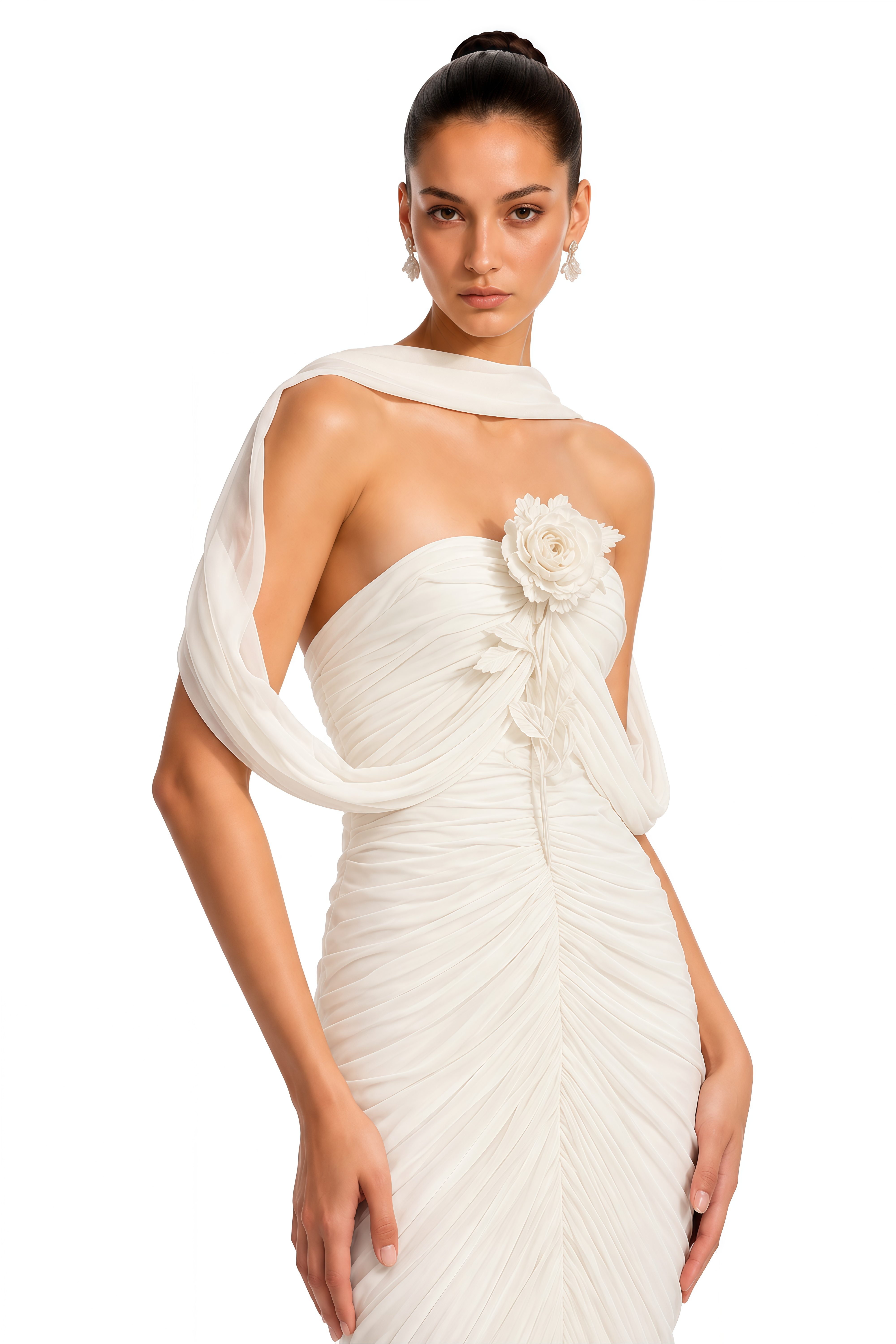 Evadne Ivory 3D Floral Draped Ruched Maxi Dress