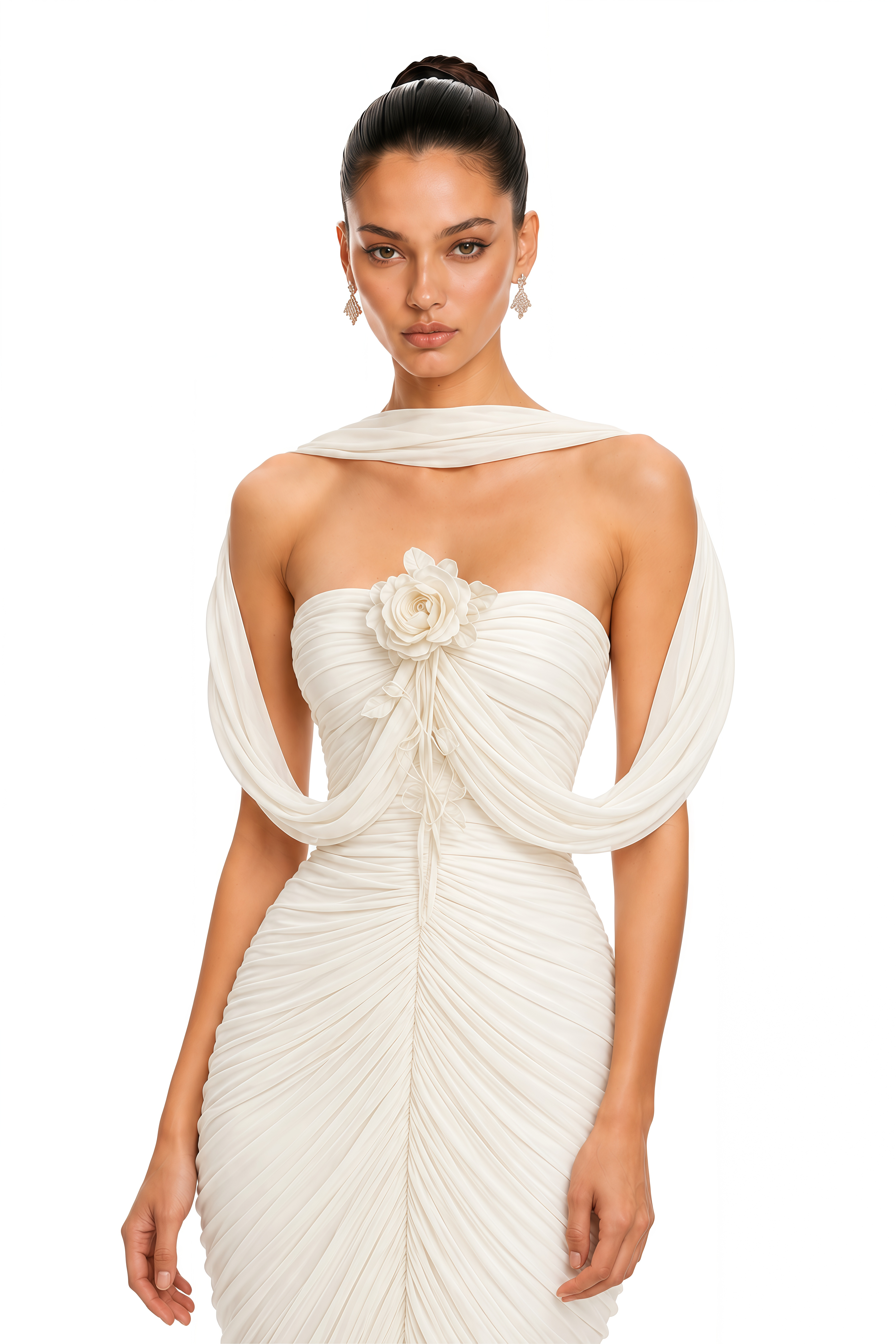 Evadne Ivory 3D Floral Draped Ruched Maxi Dress