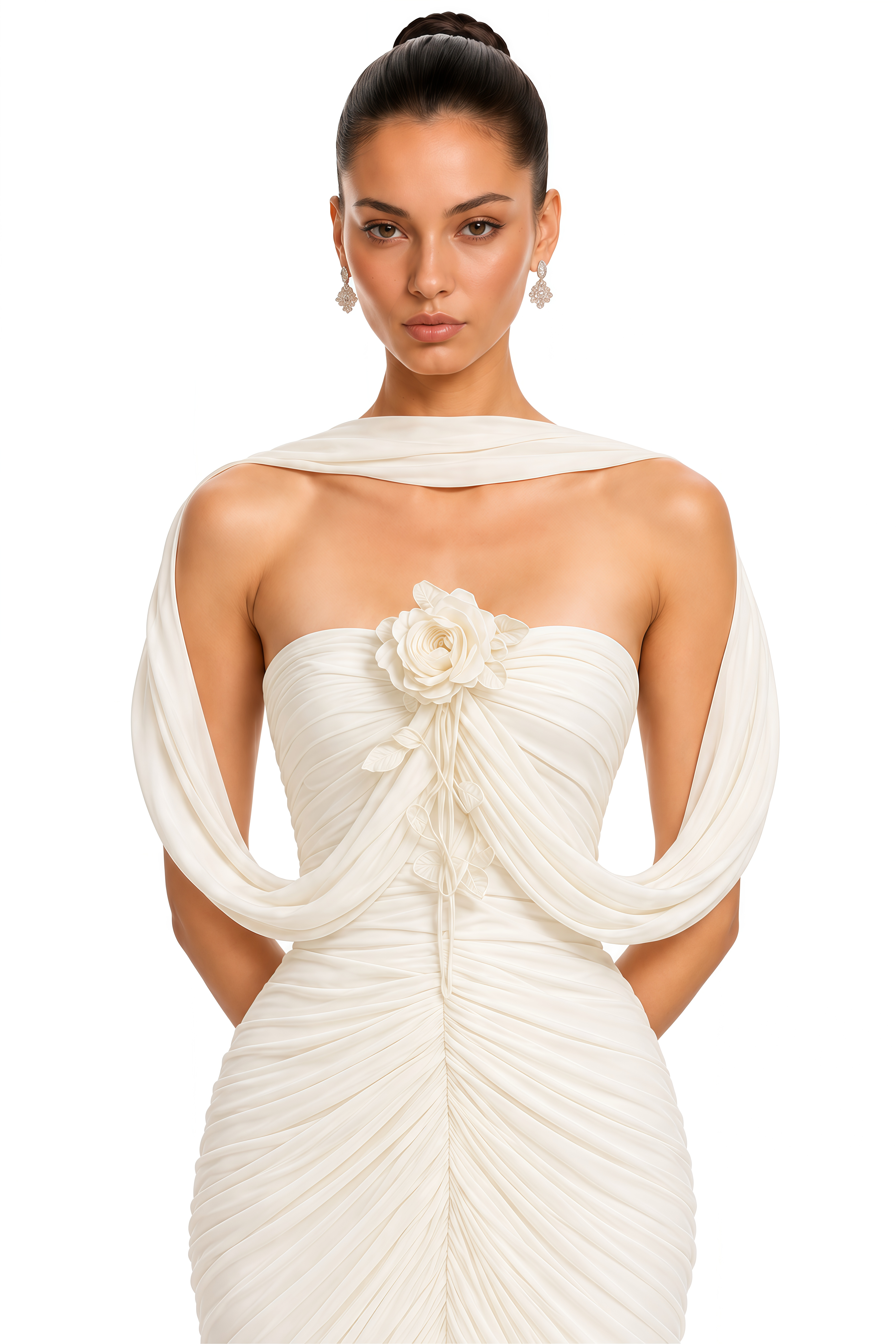 Evadne Ivory 3D Floral Draped Ruched Maxi Dress