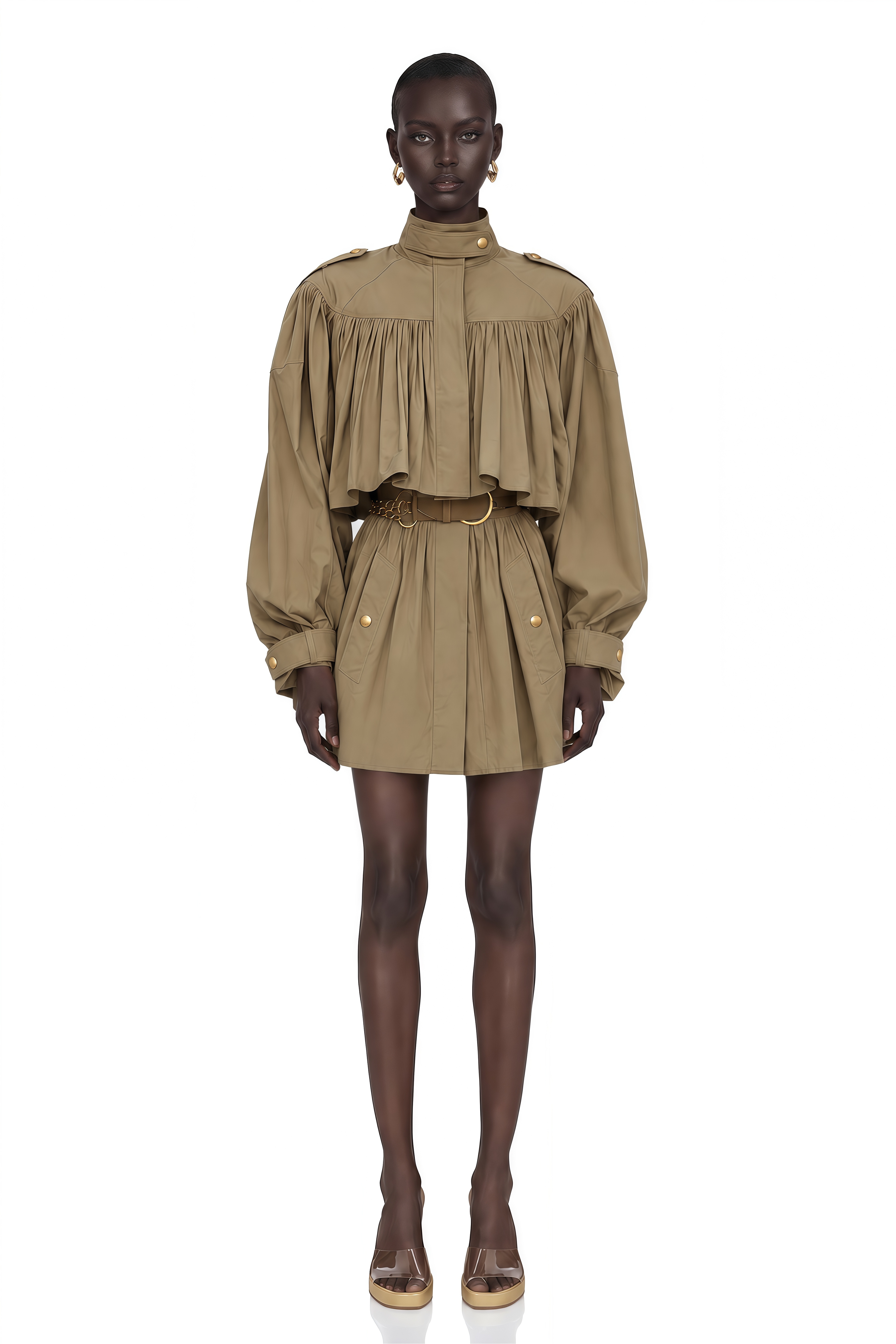 Ffion Khaki Gathered Long Sleeve Mini Dress (Without Belt)