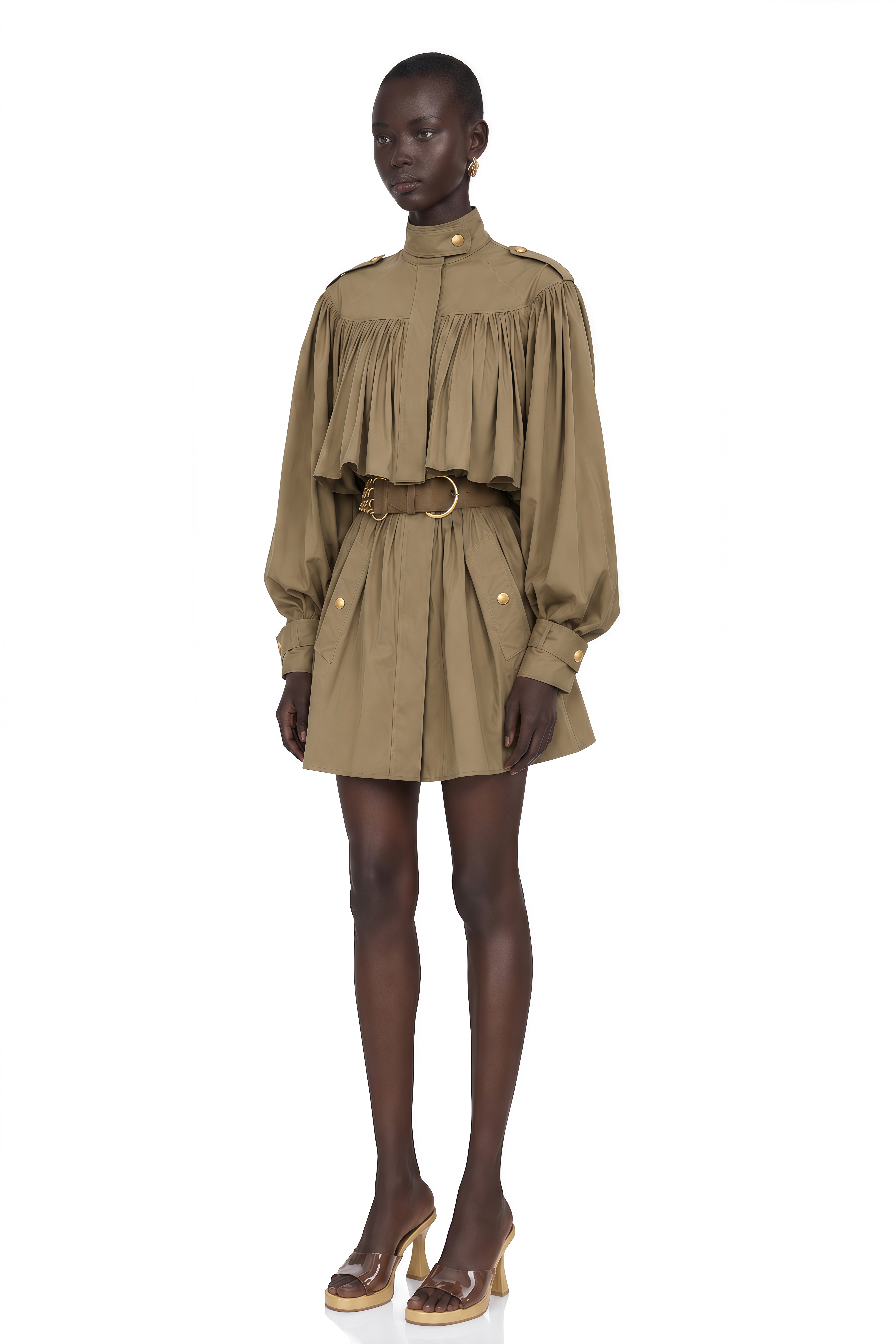 Ffion Khaki Gathered Long Sleeve Mini Dress (Without Belt)