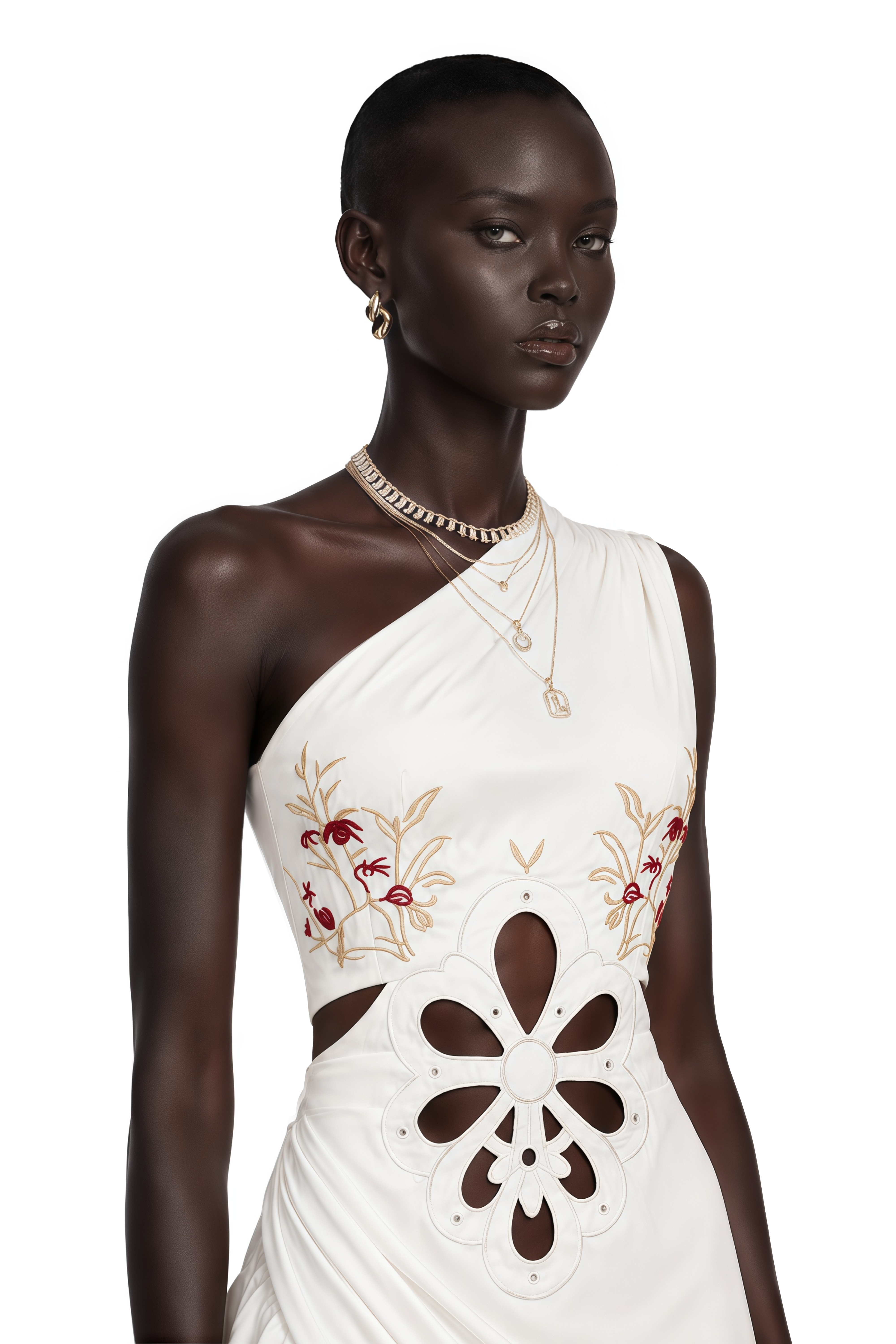 Fiorella White One-Shoulder Floral Cut-Out Ruffle Maxi Dress