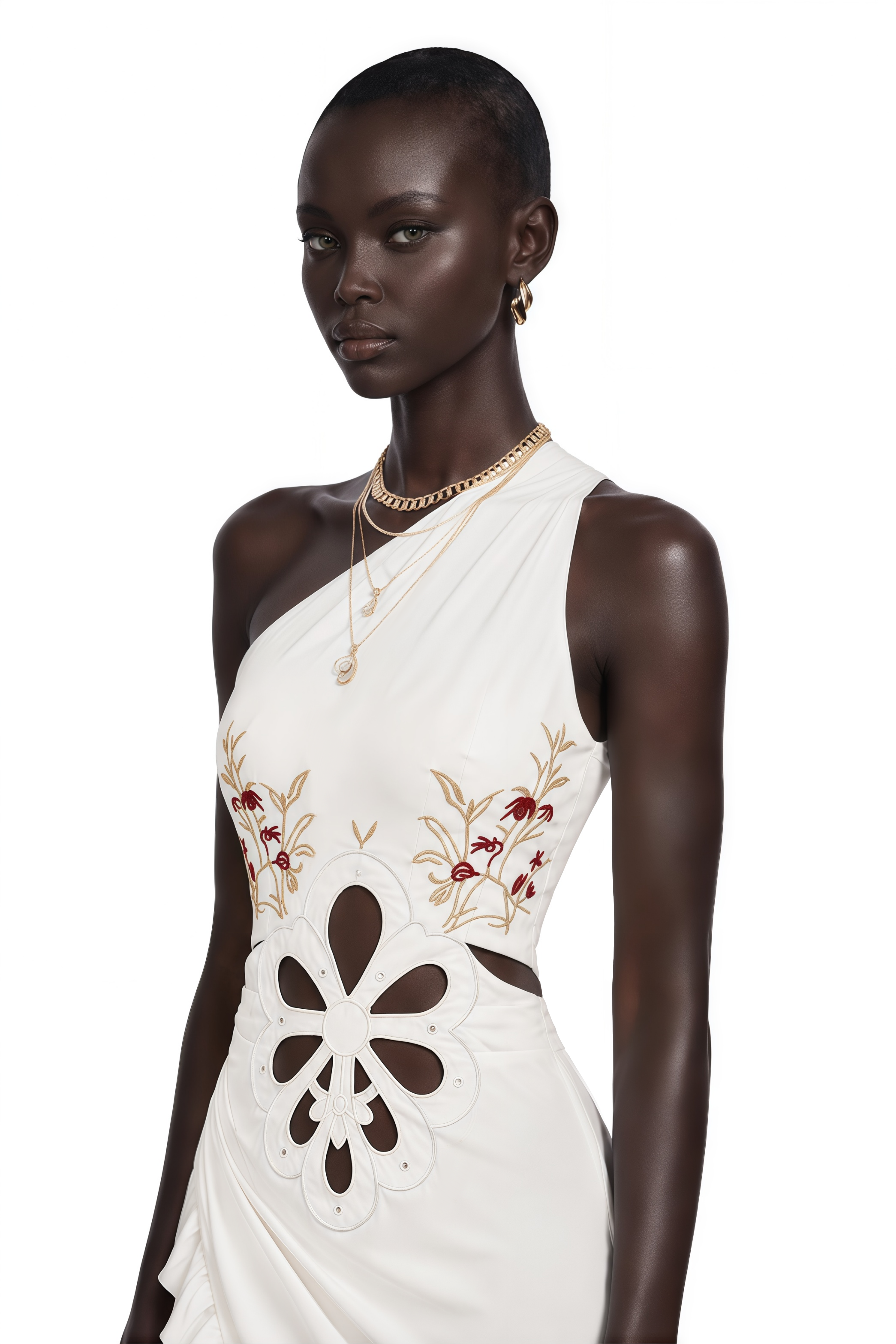 Fiorella White One-Shoulder Floral Cut-Out Ruffle Maxi Dress