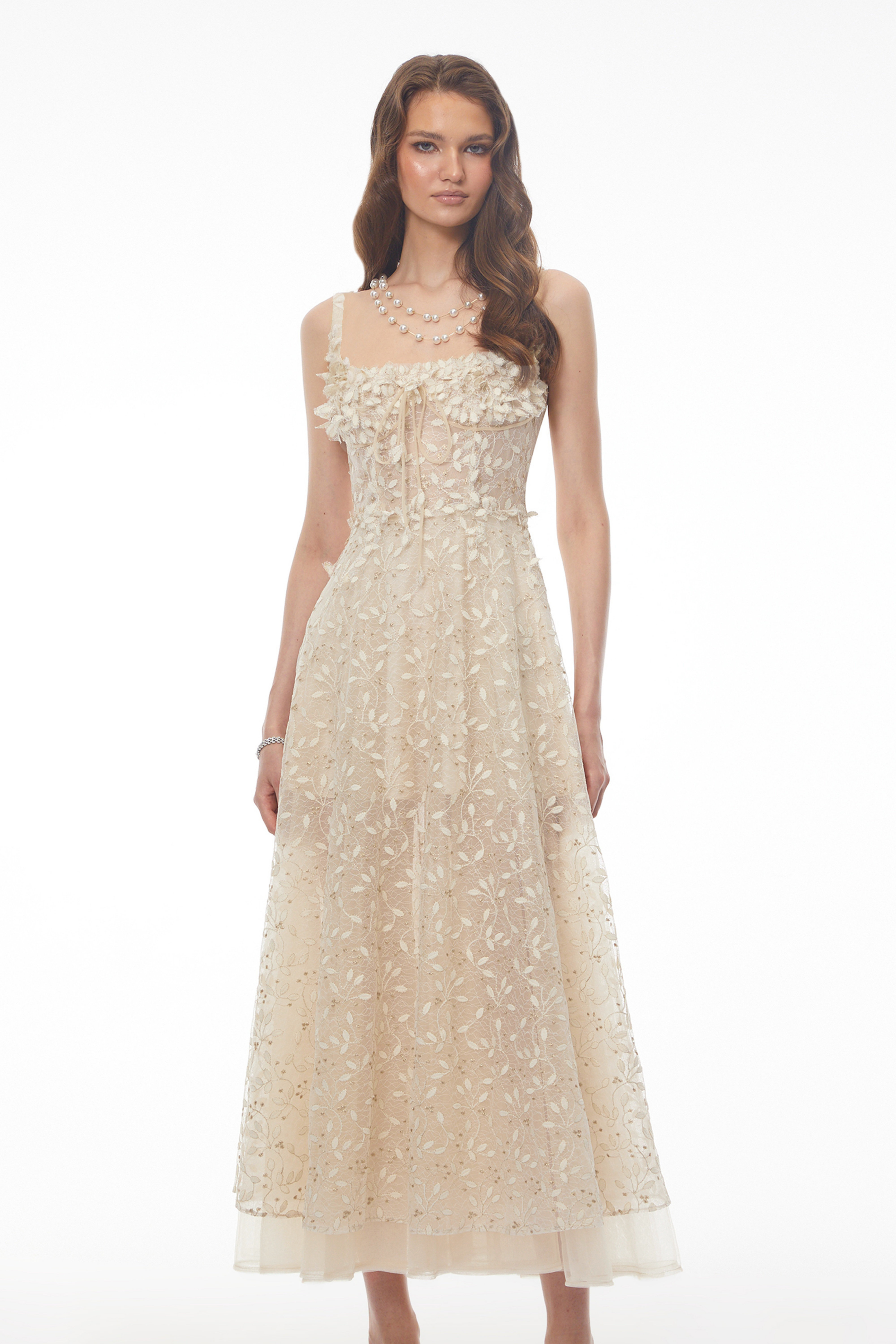 Off-white floral embroidered midi dress with shoulder straps