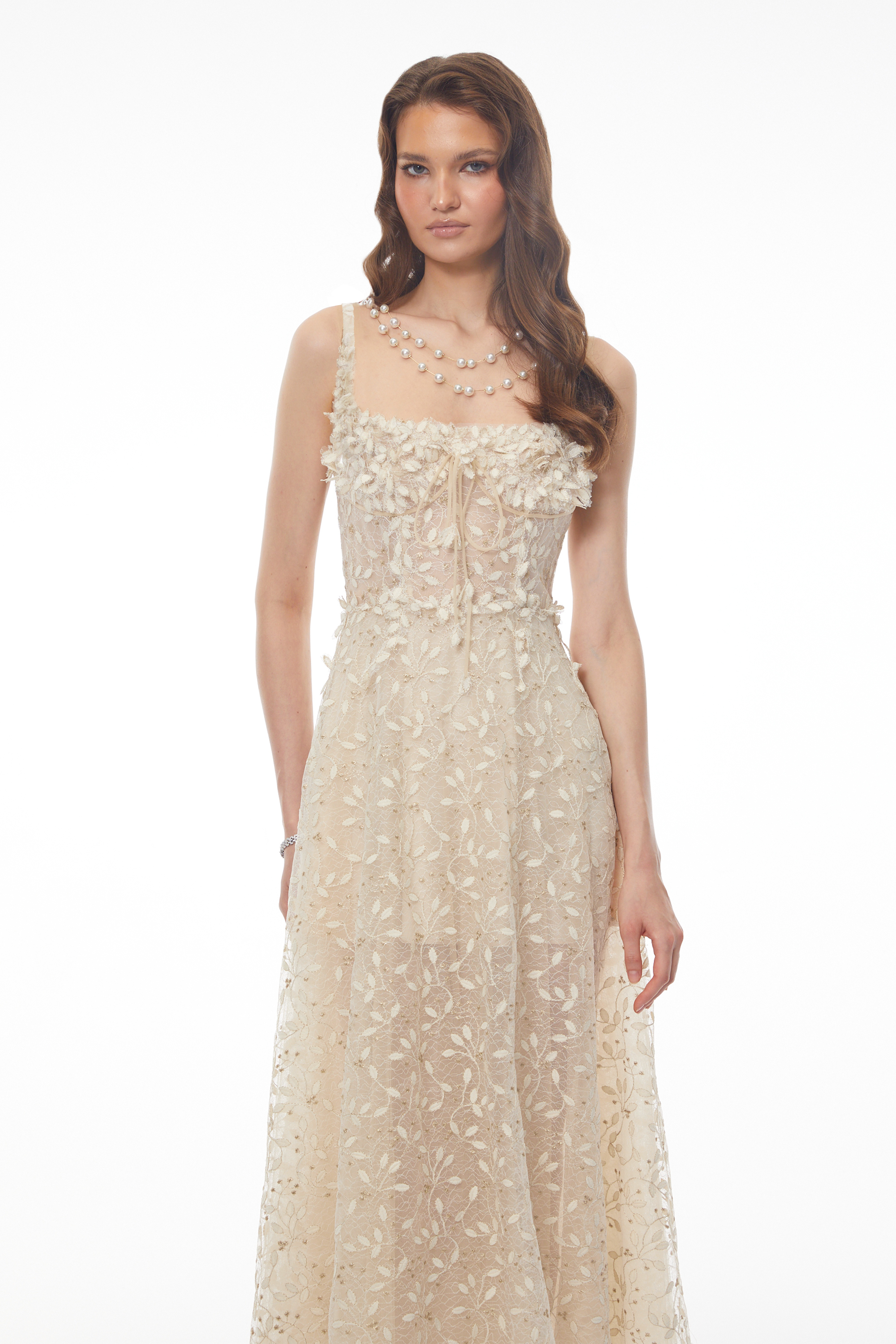 Off-white floral embroidered midi dress with shoulder straps